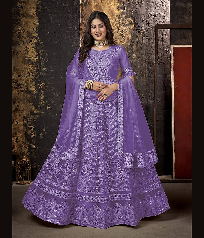 A TO Z CART Women Net Flared Semi Stitched Ethnic Gown ( Lavender ) - Unstitched Fabrics | Buy online on ZillyBuy