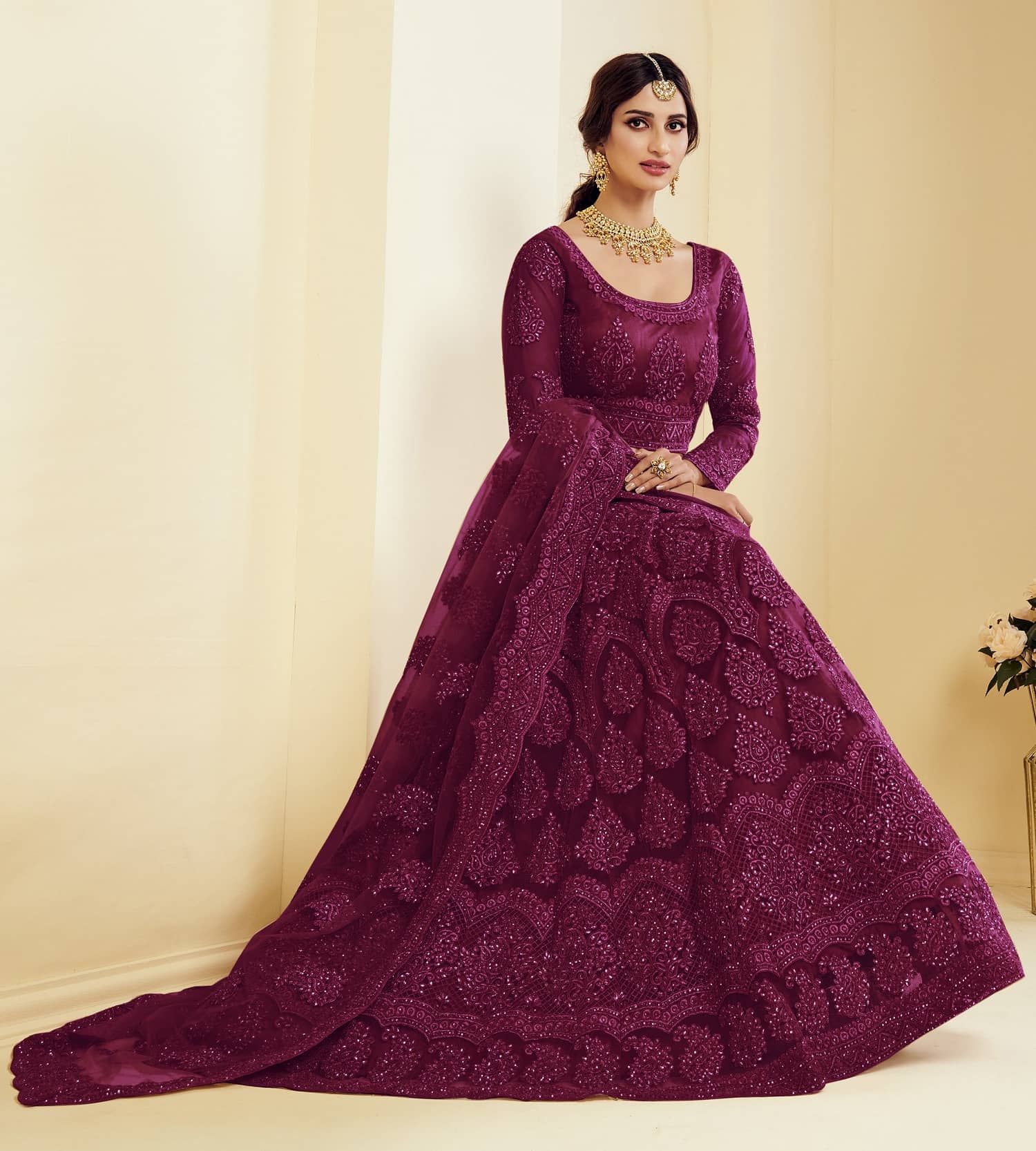 Aika Women Net Flared Semi Stitched Ethnic Gown ( Wine ) - Unstitched Fabrics | Buy online on ZillyBuy
