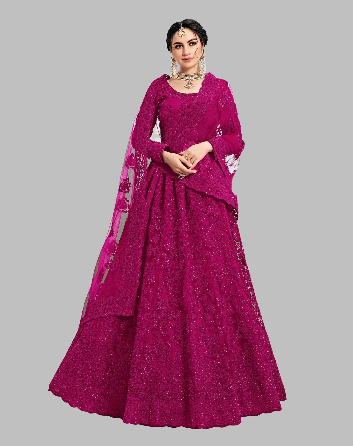 Apnisha Women Net Flared Semi Stitched Ethnic Gown ( Pink ) Apnisha Women Net Flared Semi Stitched Ethnic Gown ( Pink )
