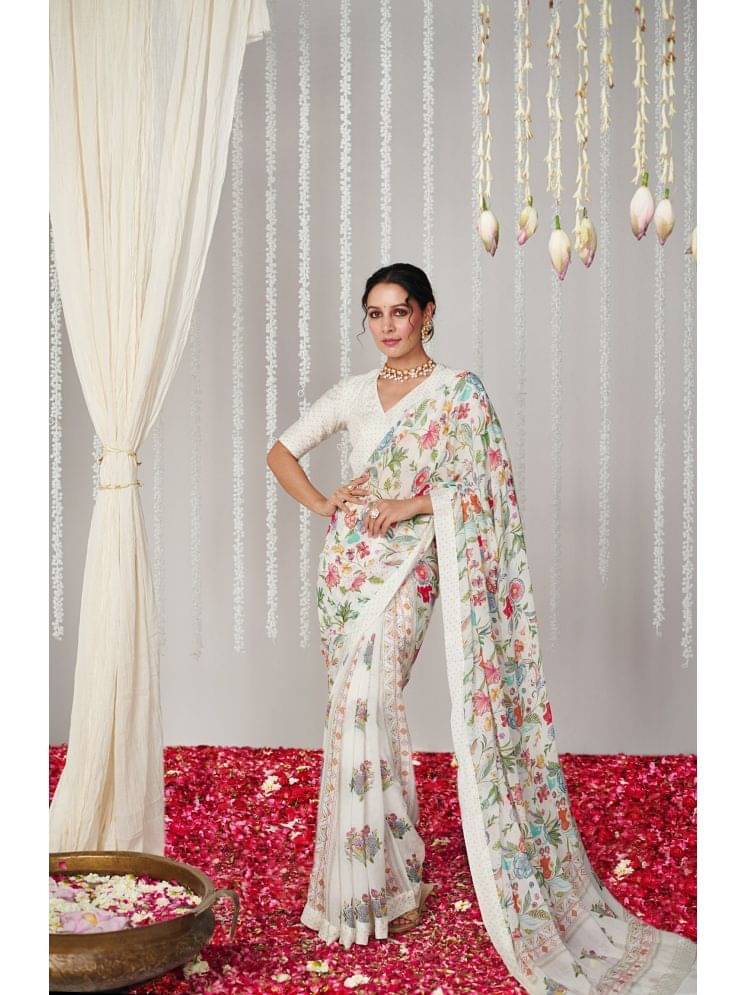 BLEESBURY Chiffon Printed Saree With Unstitched Blouse Piece ( White ) BLEESBURY Chiffon Printed Saree With Unstitched Blouse Piece ( White )