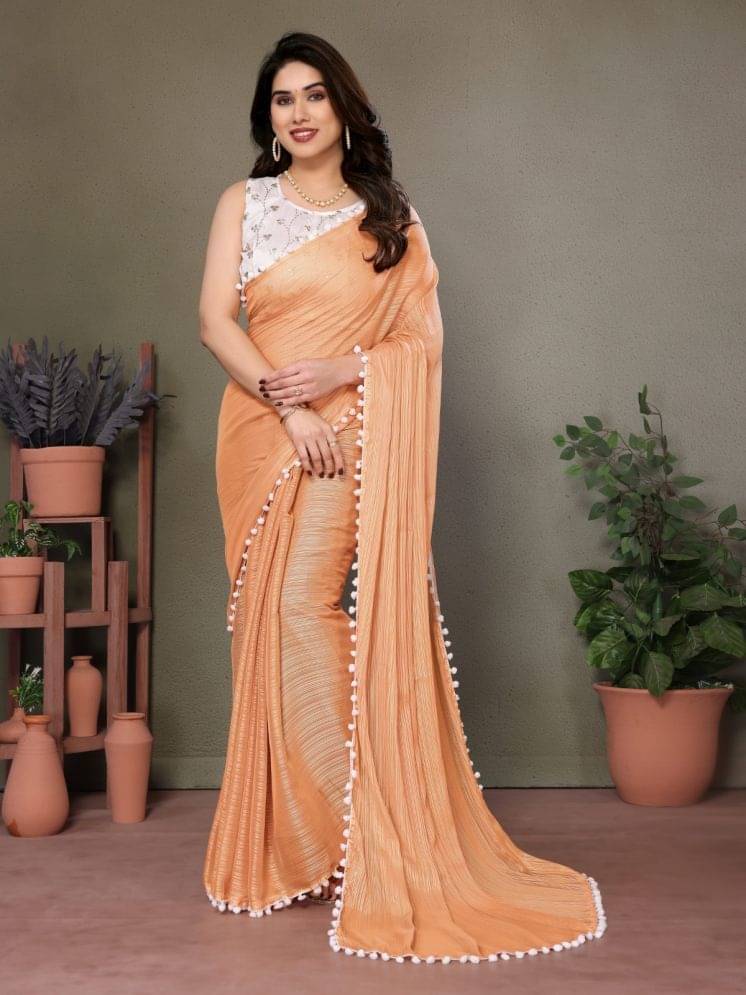     			BLEESBURY Chiffon Striped Saree With Unstitched Blouse Piece ( Orange )
