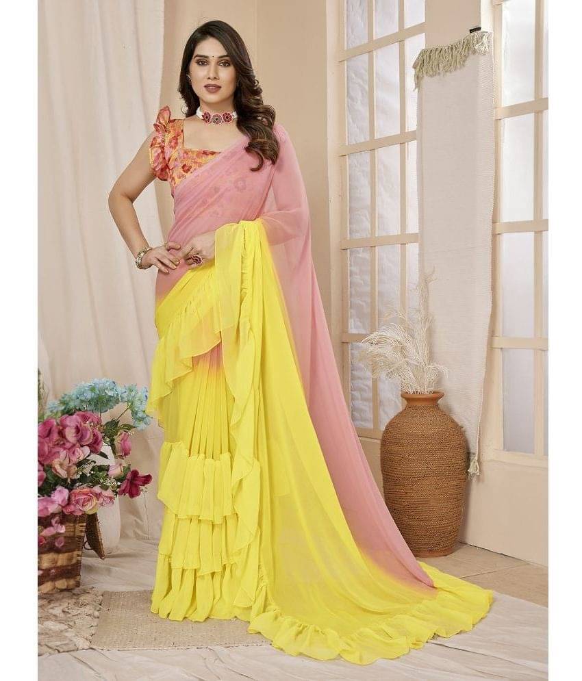     			BLEESBURY Georgette Dyed Saree With Unstitched Blouse Piece ( Yellow )
