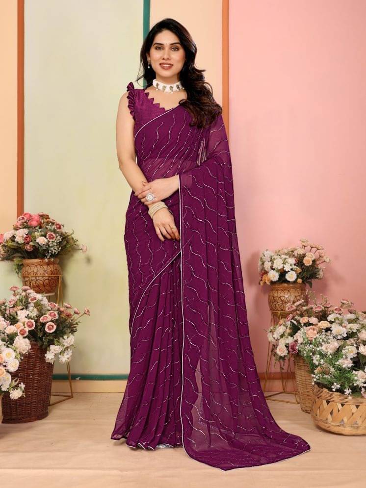 BLEESBURY Georgette Embellished Saree With Unstitched Blouse Piece ( Purple ) BLEESBURY Georgette Embellished Saree With Unstitched Blouse Piece ( Purple )