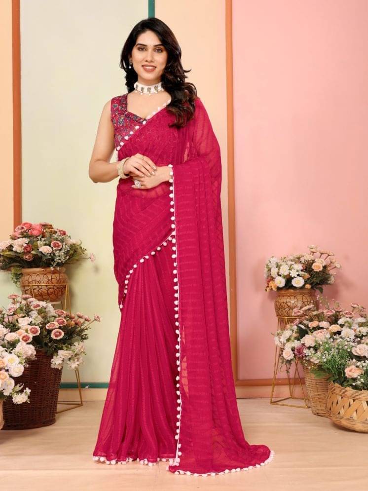     			BLEESBURY Georgette Self Design Saree With Unstitched Blouse Piece ( Pink )