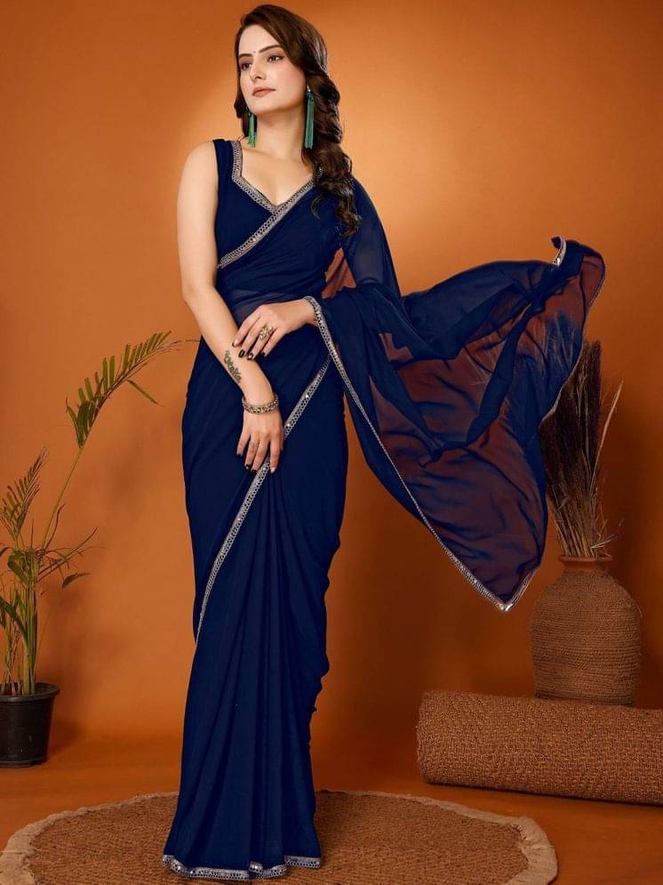    			BLEESBURY Georgette Solid Saree With Unstitched Blouse Piece ( Navy Blue )