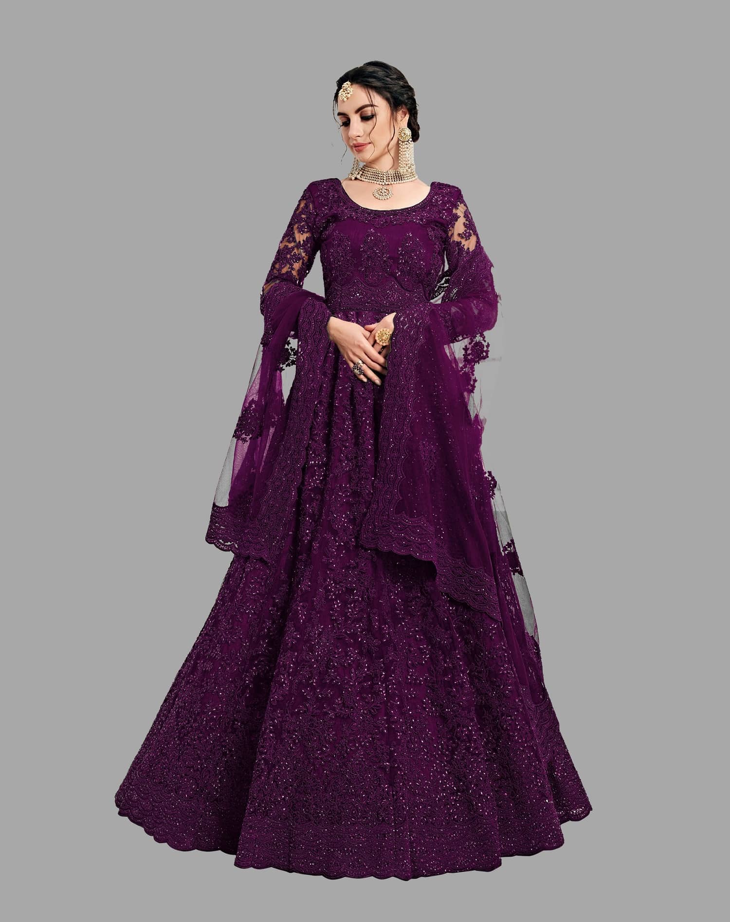 JULEE Women Net Flared Semi Stitched Ethnic Gown ( Magenta ) - Unstitched Fabrics | Buy online on ZillyBuy