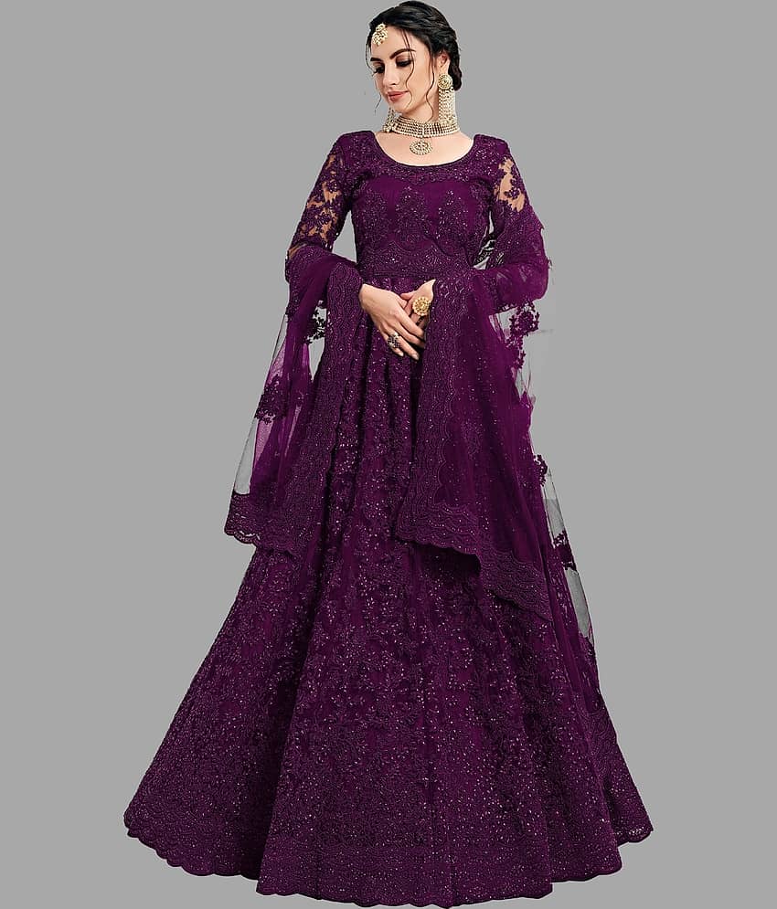 JULEE Women Net Flared Semi Stitched Ethnic Gown ( Magenta ) - Unstitched Fabrics | Buy online on ZillyBuy