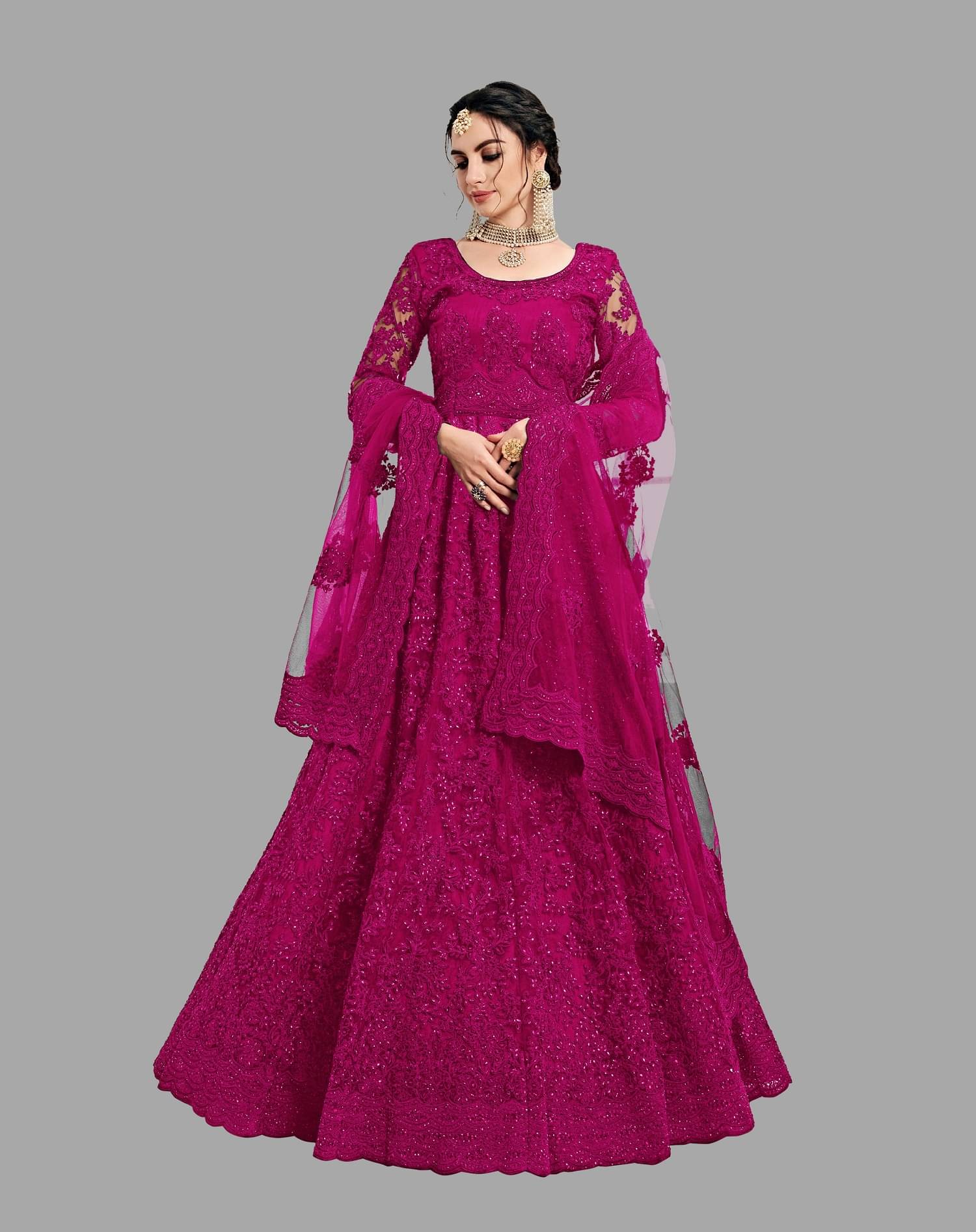 JULEE Women Net Flared Semi Stitched Ethnic Gown ( Pink ) JULEE Women Net Flared Semi Stitched Ethnic Gown ( Pink )