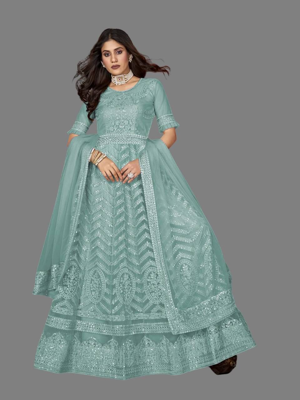 JULEE Women Net Flared Semi Stitched Ethnic Gown ( Mint Green ) JULEE Women Net Flared Semi Stitched Ethnic Gown ( Mint Green )
