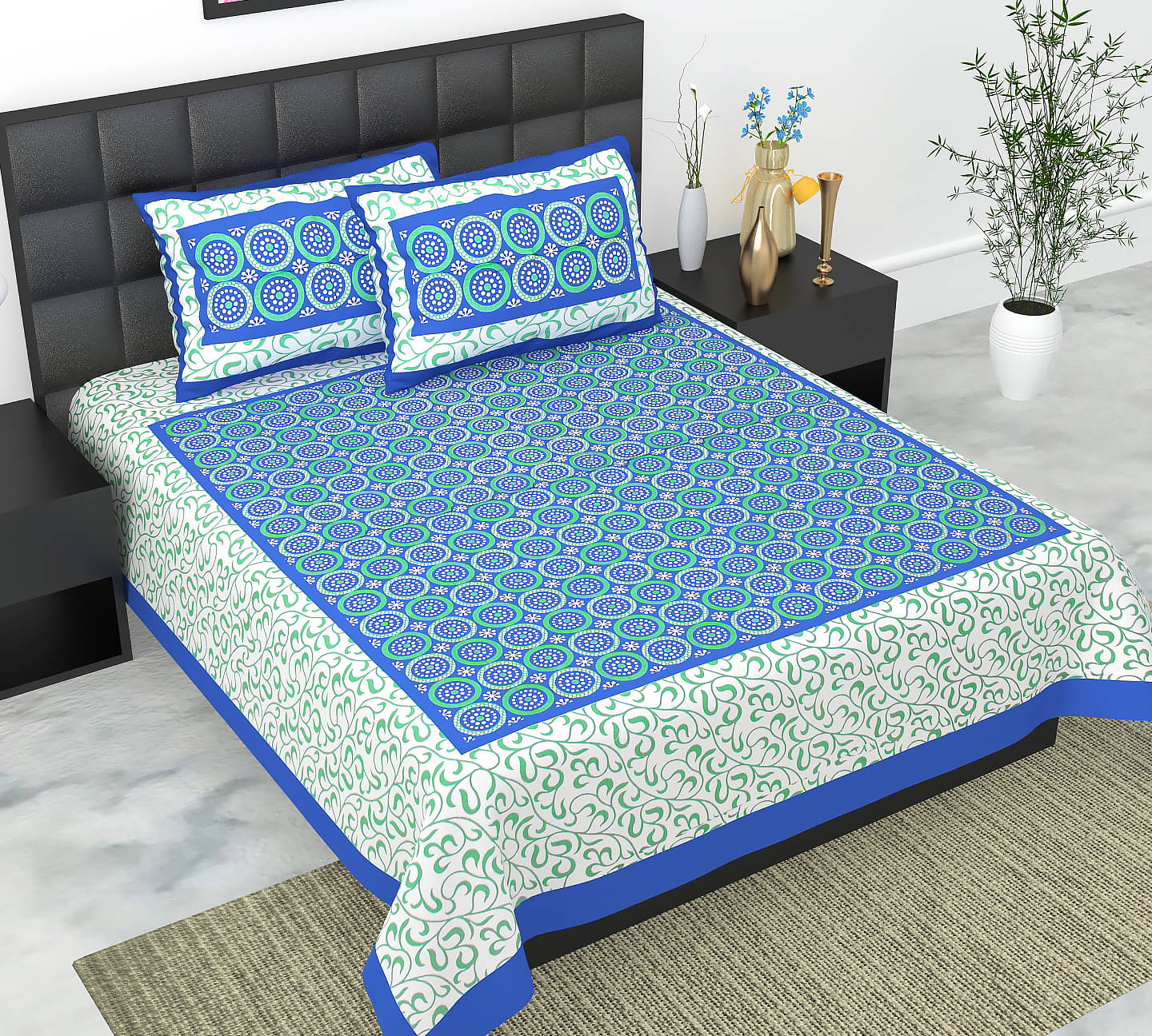 K.D.PRINTS Cotton Floral Fitted 1 Bedsheet with 2 Pillow Covers ( Double Bed ) - Dark Blue     			K.D.PRINTS Cotton Floral Fitted 1 Bedsheet with 2 Pillow Covers ( Double Bed ) - Dark Blue