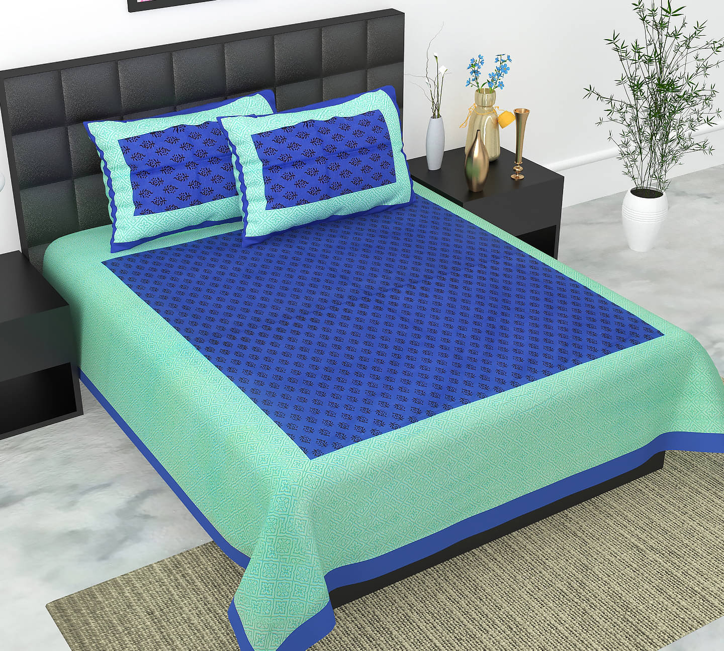 K.D.PRINTS Cotton Floral Fitted 1 Bedsheet with 2 Pillow Covers ( Double Bed ) - Turquoise K.D.PRINTS Cotton Floral Fitted 1 Bedsheet with 2 Pillow Covers ( Double Bed ) - Turquoise