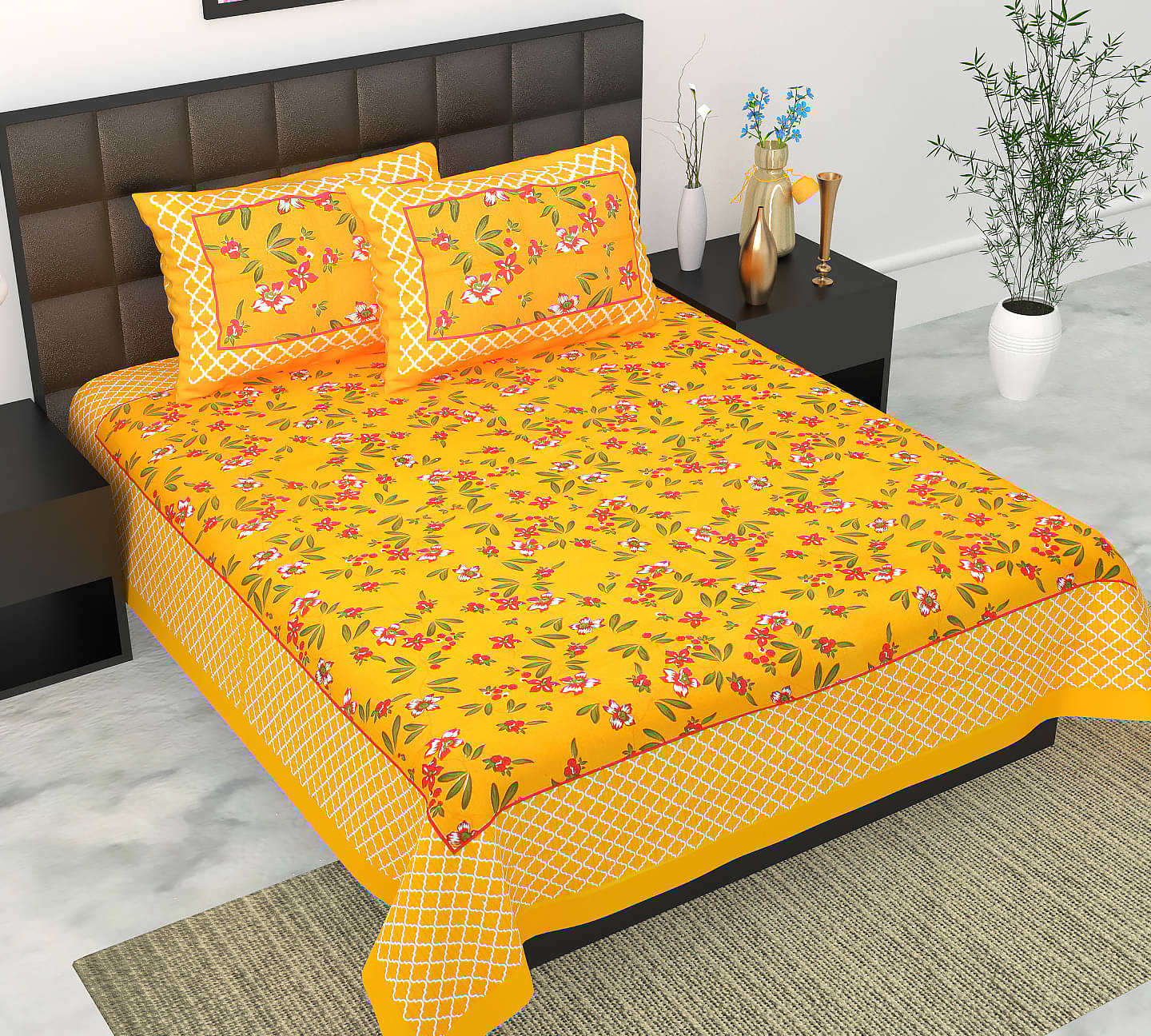 K.D.PRINTS Cotton Floral Fitted 1 Bedsheet with 2 Pillow Covers ( Double Bed ) - Yellow K.D.PRINTS Cotton Floral Fitted 1 Bedsheet with 2 Pillow Covers ( Double Bed ) - Yellow