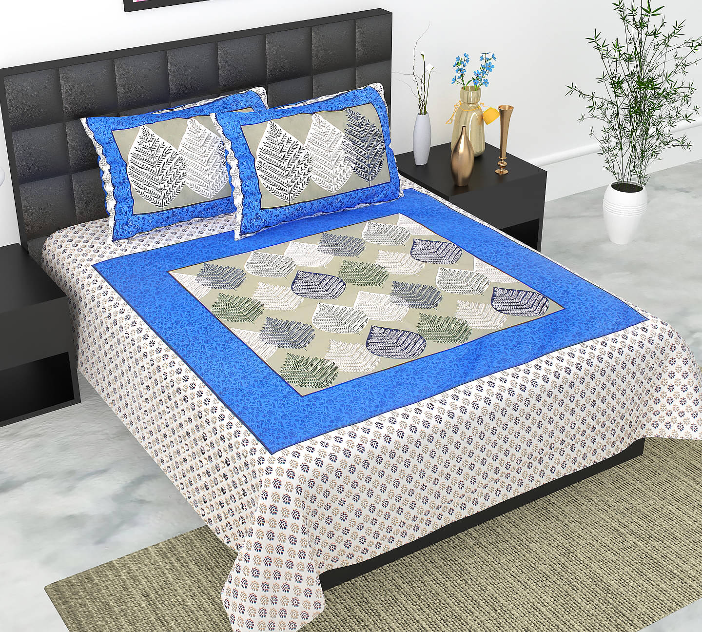     			K.D.PRINTS Cotton Floral Fitted 1 Bedsheet with 2 Pillow Covers ( Double Bed ) - Blue