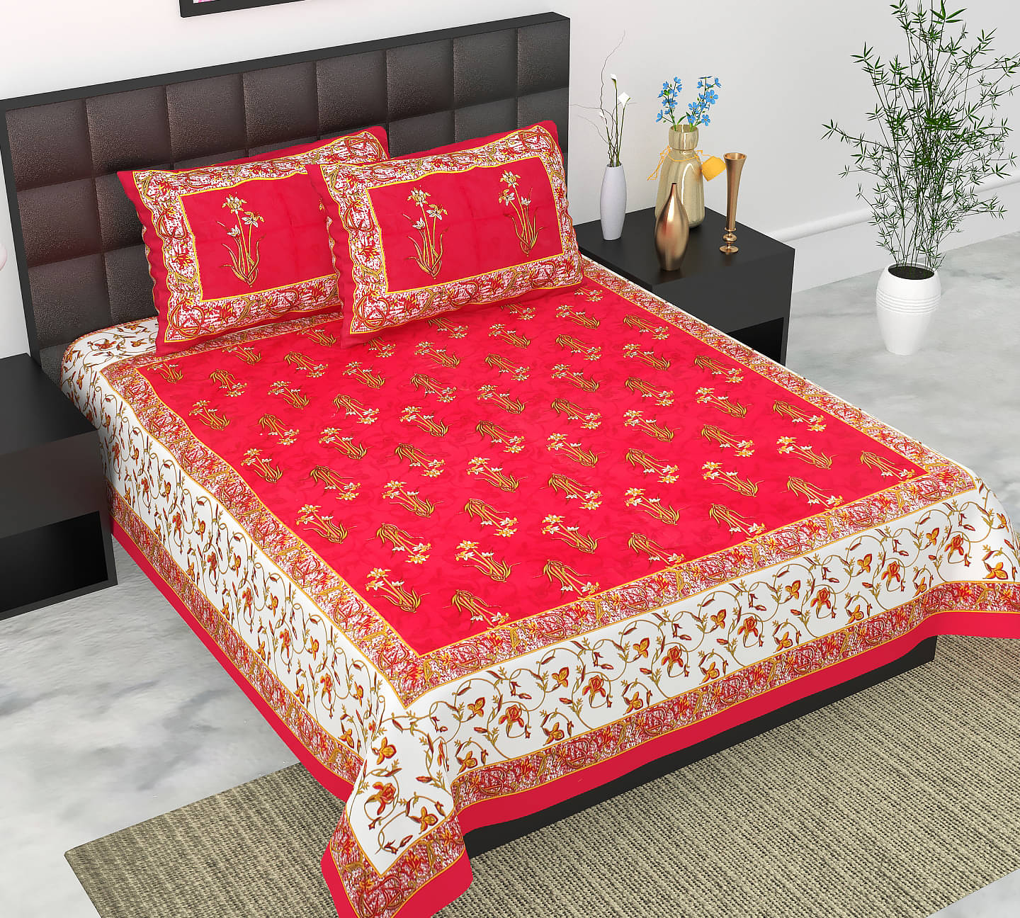     			K.D.PRINTS Cotton Floral Fitted 1 Bedsheet with 2 Pillow Covers ( Double Bed ) - Red