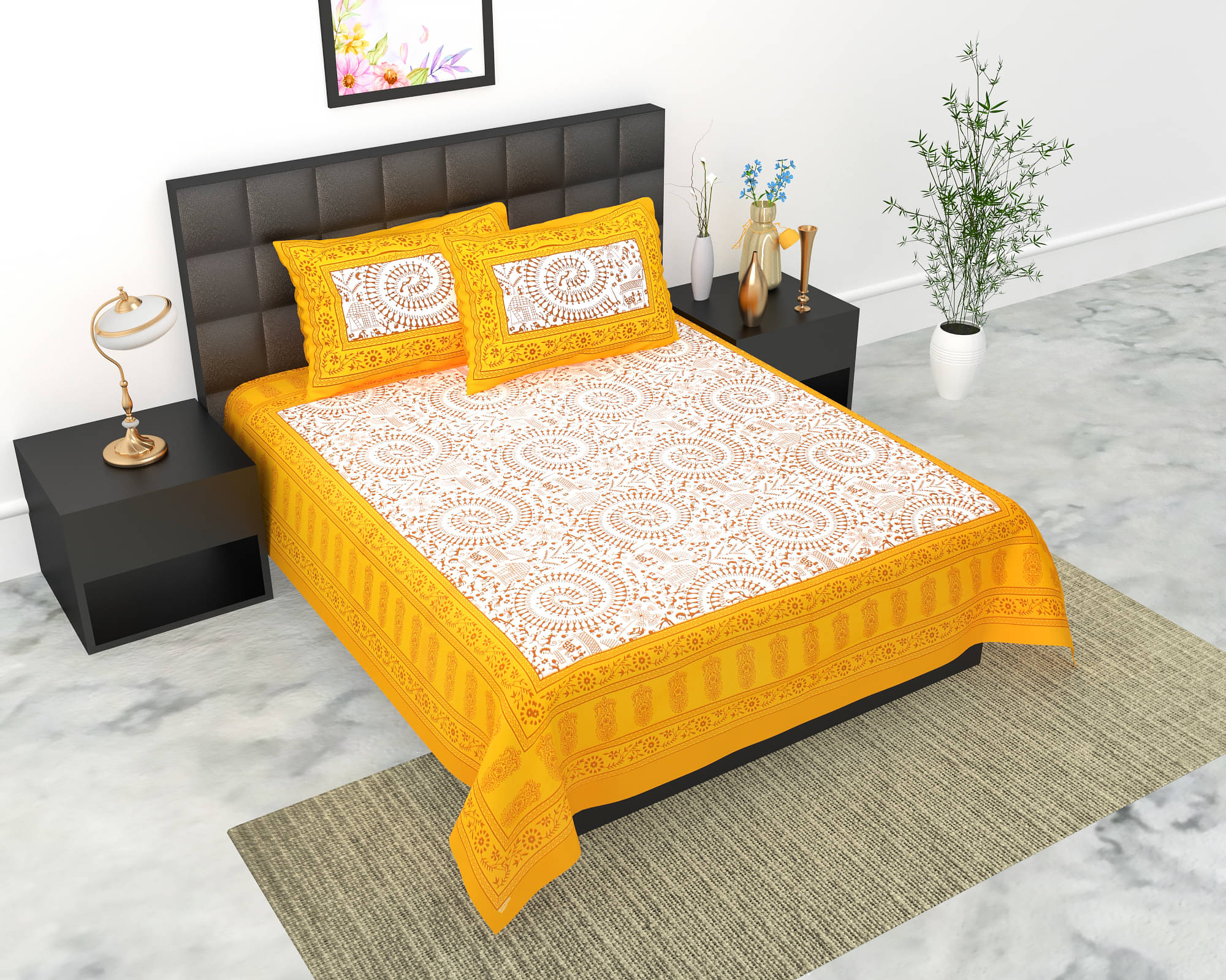 K.D.PRINTS Cotton Floral Fitted 1 Bedsheet with 2 Pillow Covers ( Double Bed ) - Multi     			K.D.PRINTS Cotton Floral Fitted 1 Bedsheet with 2 Pillow Covers ( Double Bed ) - Multi