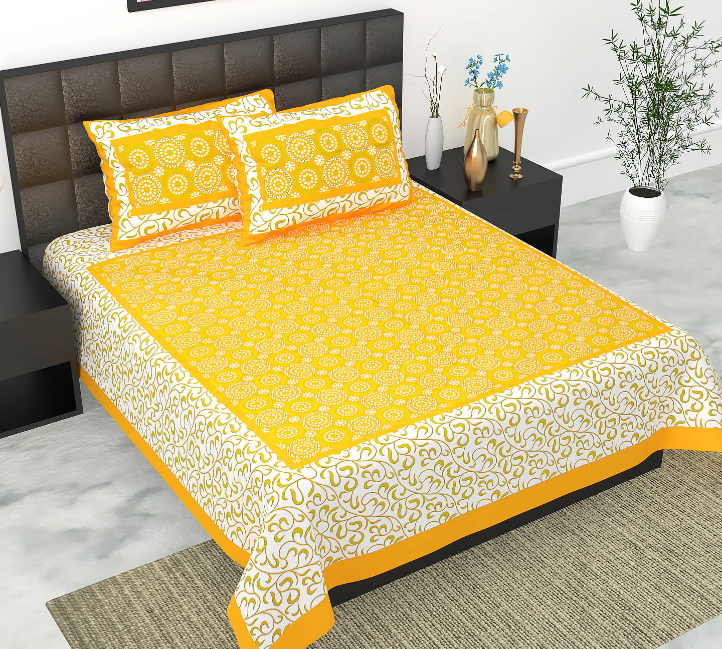 K.D.PRINTS Cotton Floral Fitted 1 Bedsheet with 2 Pillow Covers ( Double Bed ) - Gold K.D.PRINTS Cotton Floral Fitted 1 Bedsheet with 2 Pillow Covers ( Double Bed ) - Gold