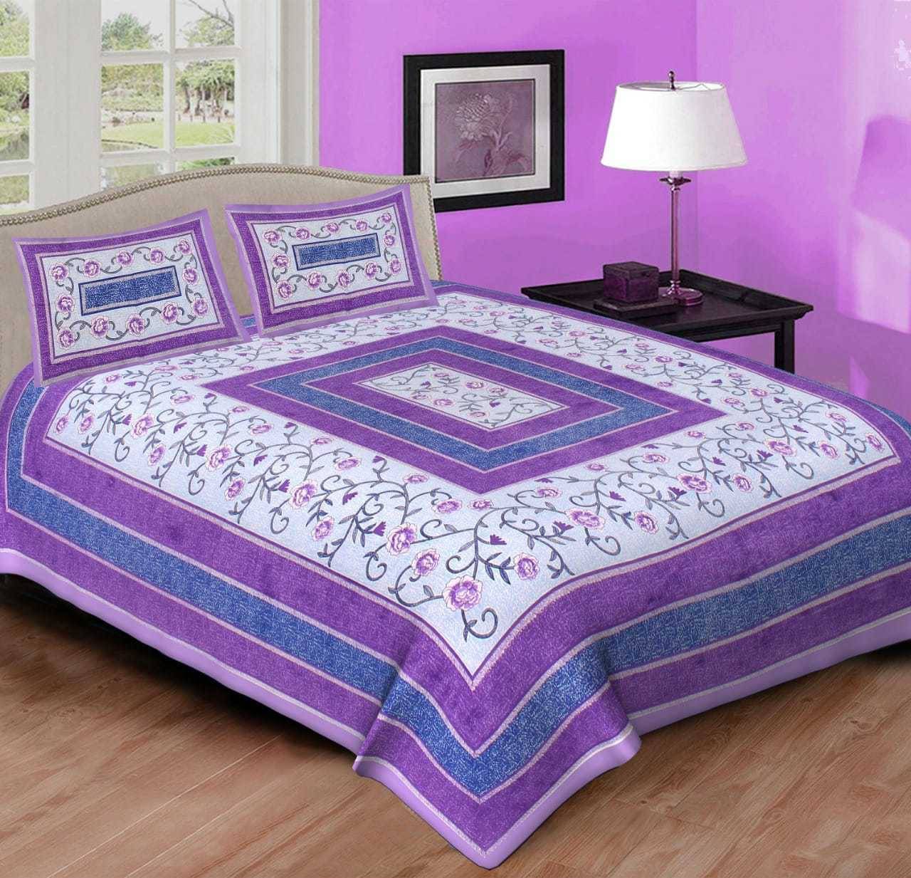     			K.D.PRINTS Cotton Floral Fitted 1 Bedsheet with 2 Pillow Covers ( Double Bed ) - Purple