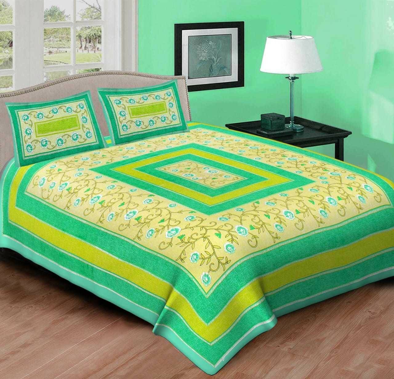 K.D.PRINTS Cotton Floral Fitted 1 Bedsheet with 2 Pillow Covers ( Double Bed ) - Green K.D.PRINTS Cotton Floral Fitted 1 Bedsheet with 2 Pillow Covers ( Double Bed ) - Green
