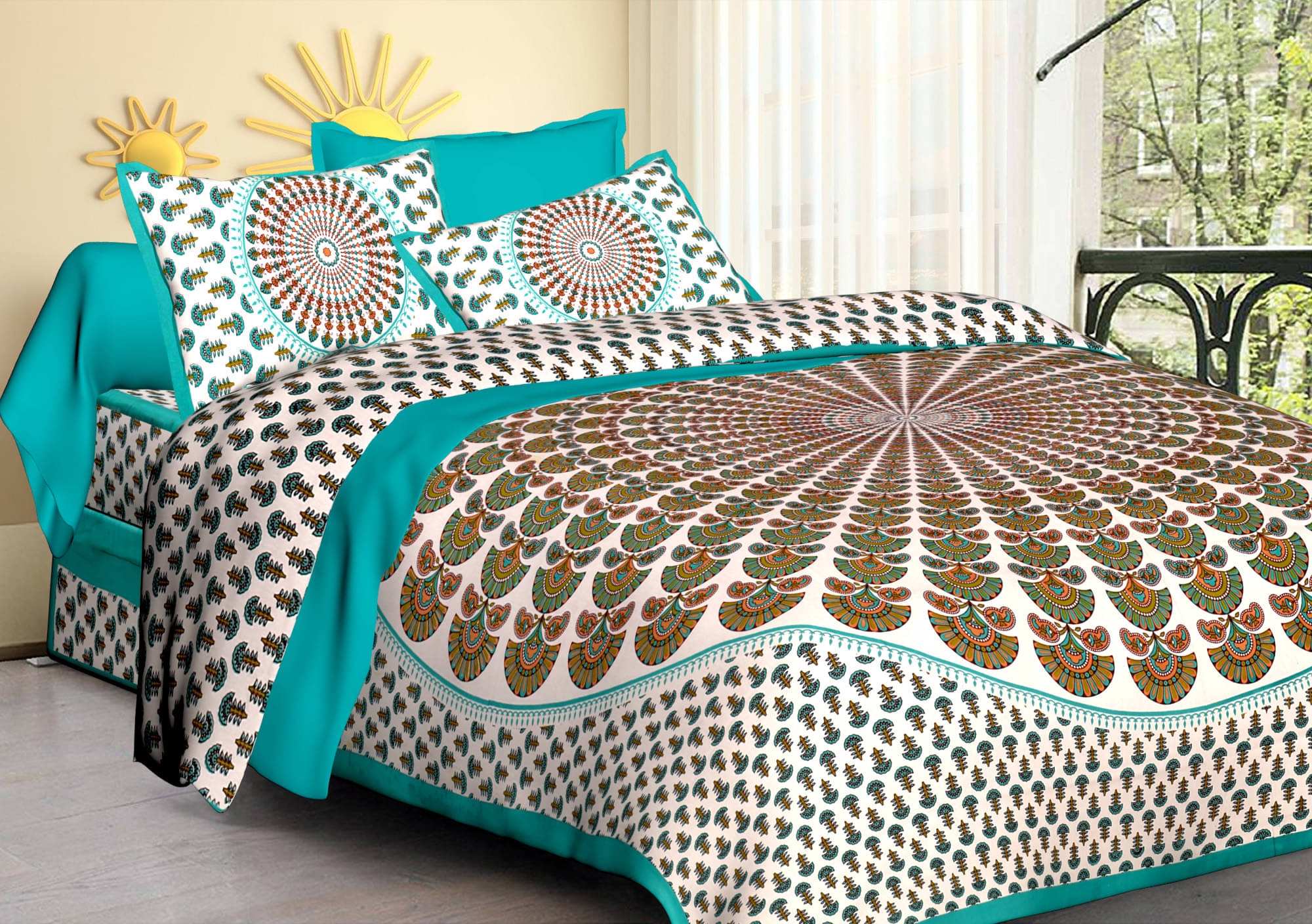     			K.D.PRINTS Cotton Floral Fitted 1 Bedsheet with 2 Pillow Covers ( Double Bed ) - Green