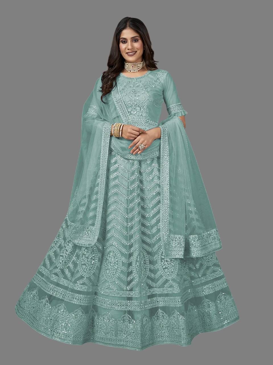 KV Fashion Women Net Flared Semi Stitched Ethnic Gown ( Mint Green )     			KV Fashion Women Net Flared Semi Stitched Ethnic Gown ( Mint Green )