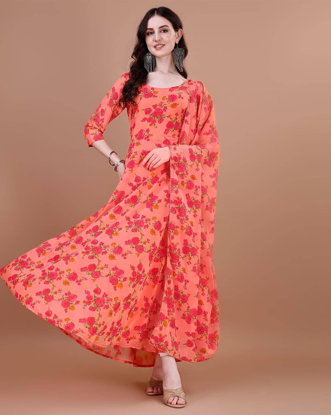     			Krunal Raiyani Women Cotton Blend Printed Fit & Flare Dress ( Orange )