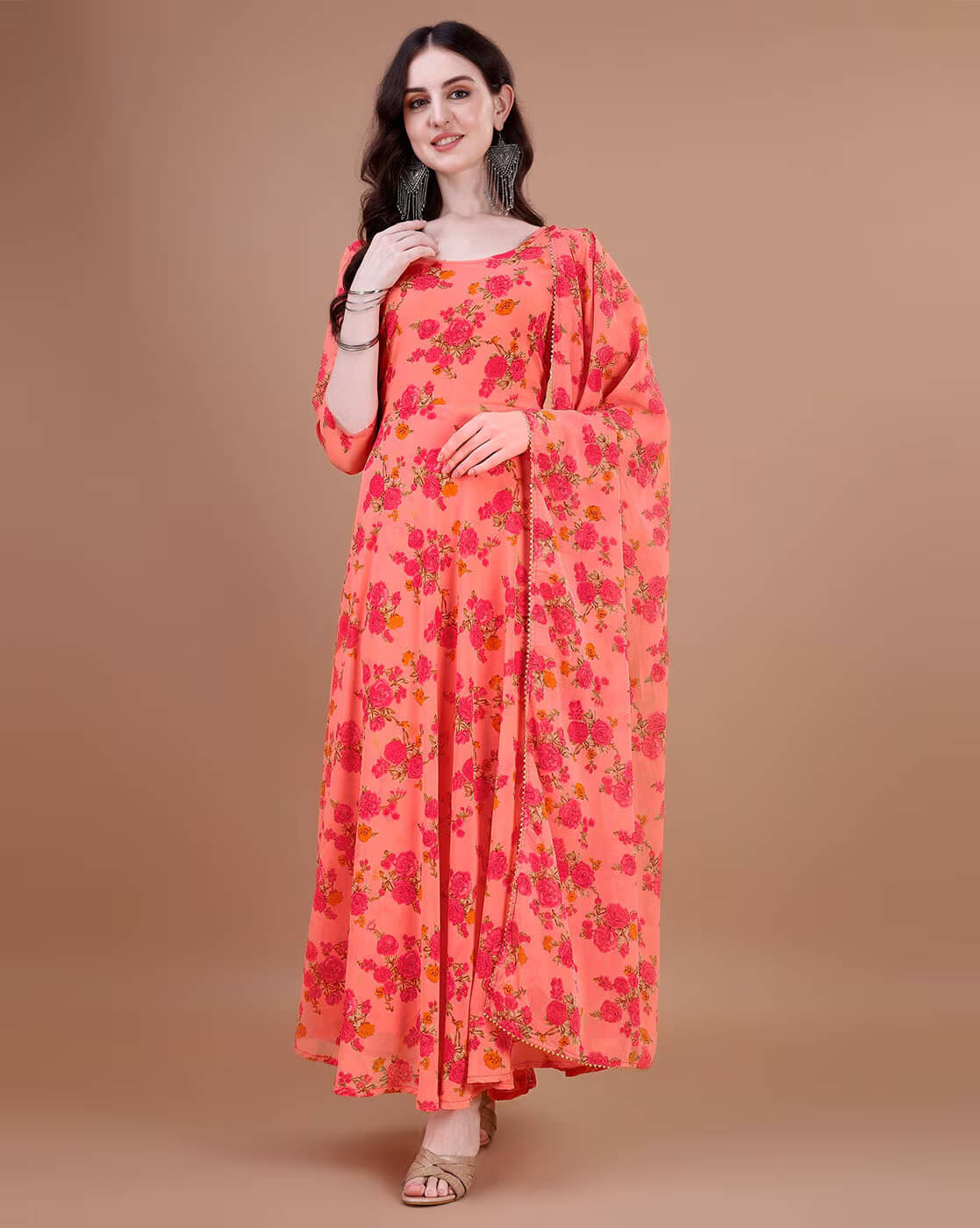     			Krunal Raiyani Women Cotton Blend Flared Stitched Ethnic Gown ( Orange )