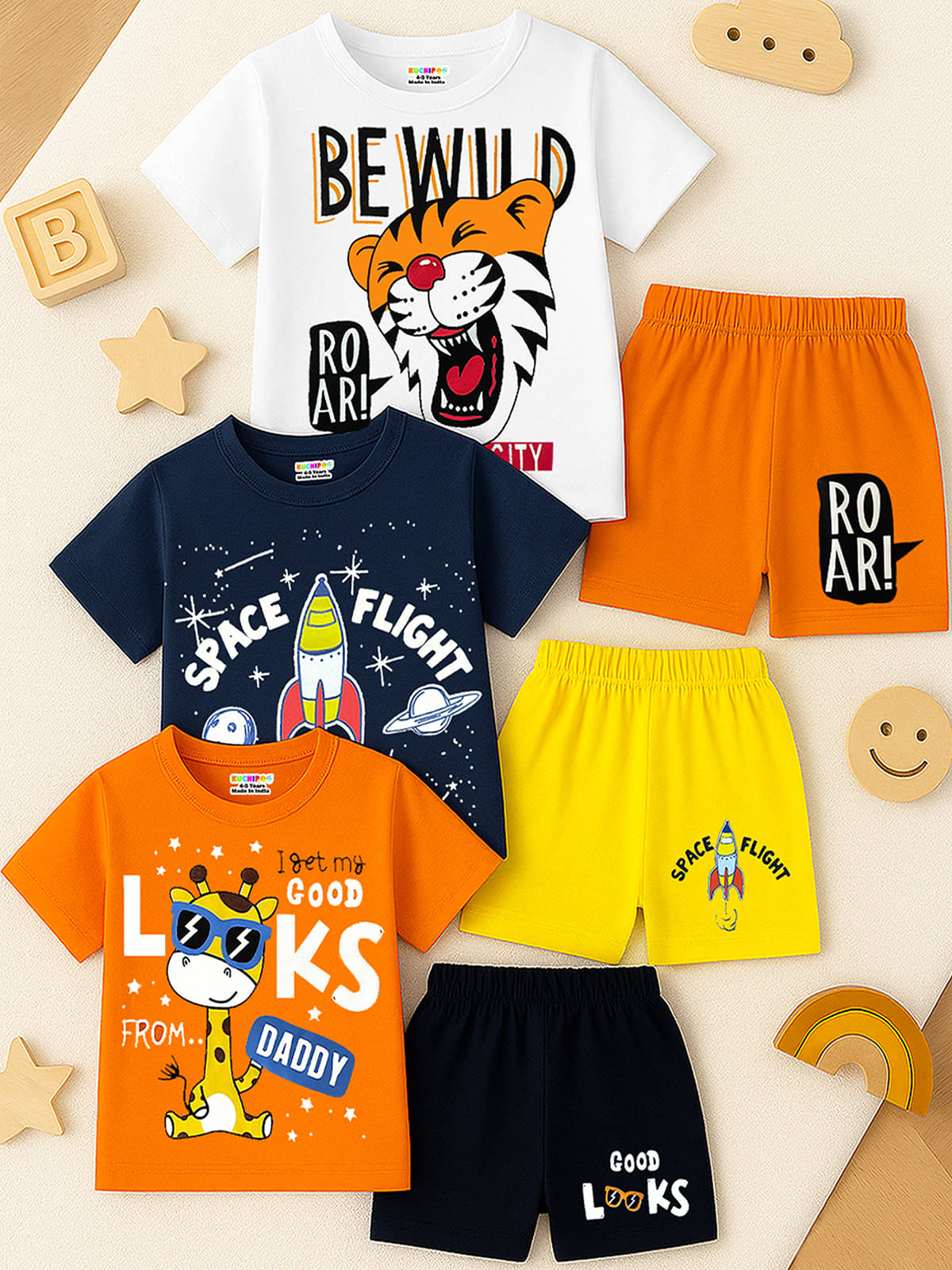 Kuchipoo Pack of 3 Boys Cotton Blend T-Shirt & Shorts Set ( Multicolor 2 ) Kuchipoo Pack of 3 Boys Cotton Blend T-Shirt & Shorts Set ( Multicolor 2 )