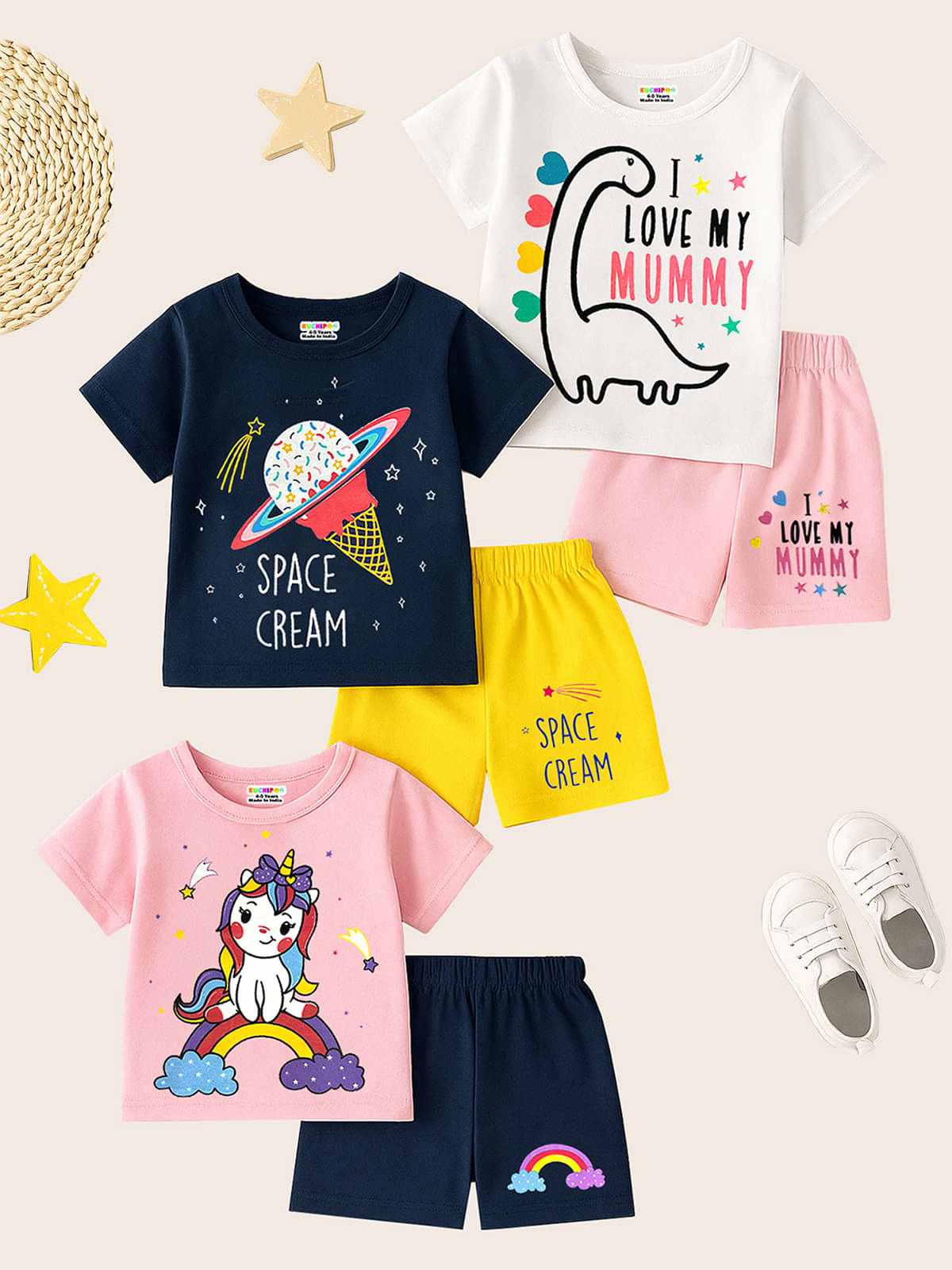     			Kuchipoo Pack of 3 Girls Cotton Blend T-shirt & Shorts ( Multicolor 1 )