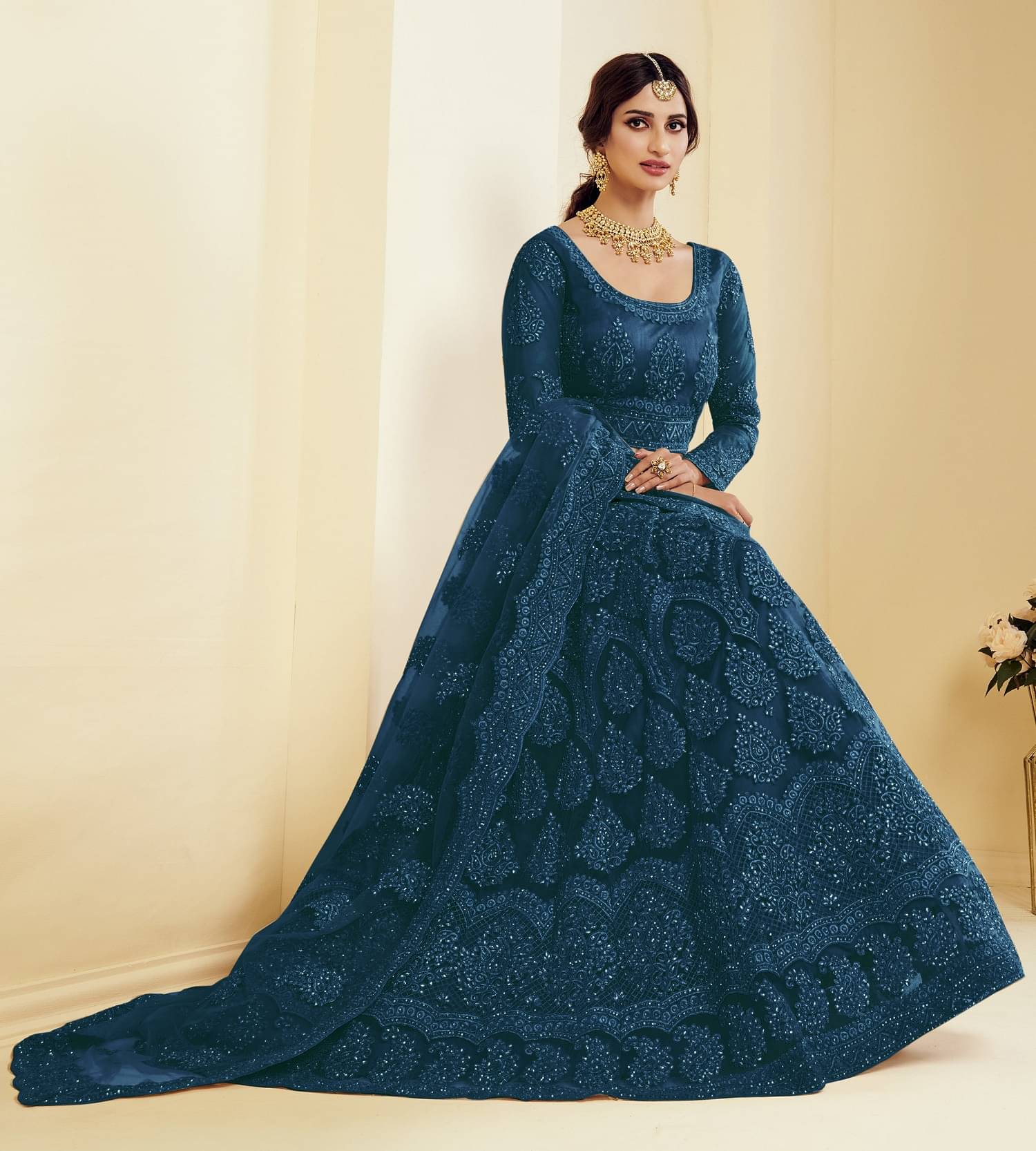 Lady Shopi Women Net Flared Semi Stitched Ethnic Gown ( Teal ) Lady Shopi Women Net Flared Semi Stitched Ethnic Gown ( Teal )