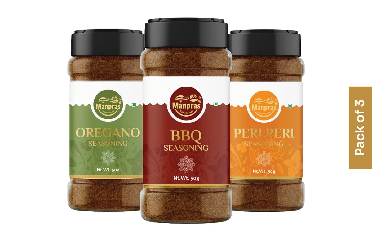 MANPRAS Seasoning Combo PERI PERI - OREGANO - BBQ Pack of 3. 50Gms Each. 150 gm     			MANPRAS Seasoning Combo PERI PERI - OREGANO - BBQ Pack of 3. 50Gms Each. 150 gm