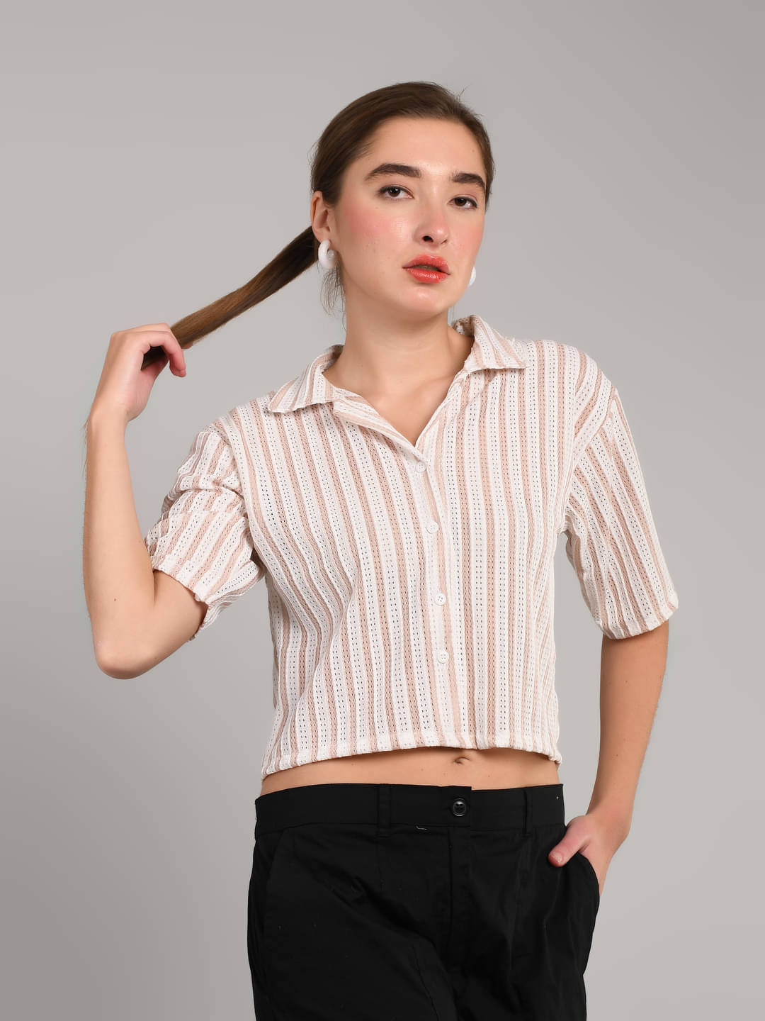 MAYKR Women Striped Cotton Blend Shirt ( Peach ) MAYKR Women Striped Cotton Blend Shirt ( Peach )