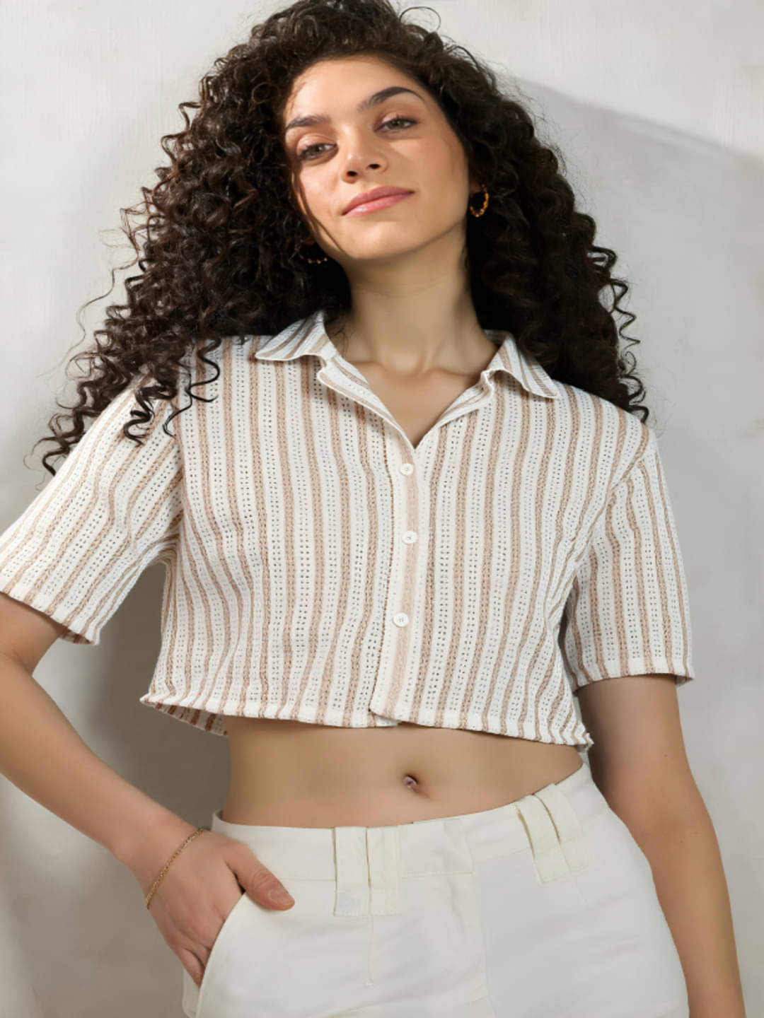 MAYKR Women Striped Cotton Blend Shirt ( Peach ) MAYKR Women Striped Cotton Blend Shirt ( Peach )