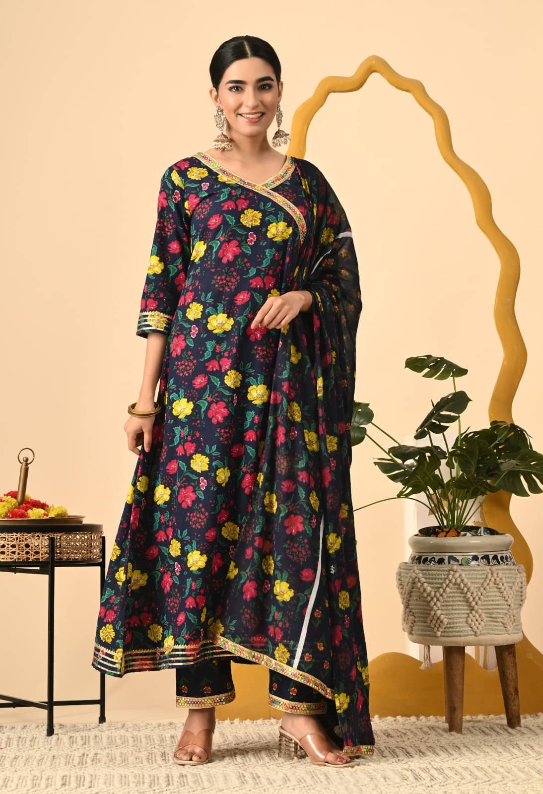 Metafab Women Cotton Blend Printed Angrakha Kurti With Pants ( Dark Blue ) Metafab Women Cotton Blend Printed Angrakha Kurti With Pants ( Dark Blue )