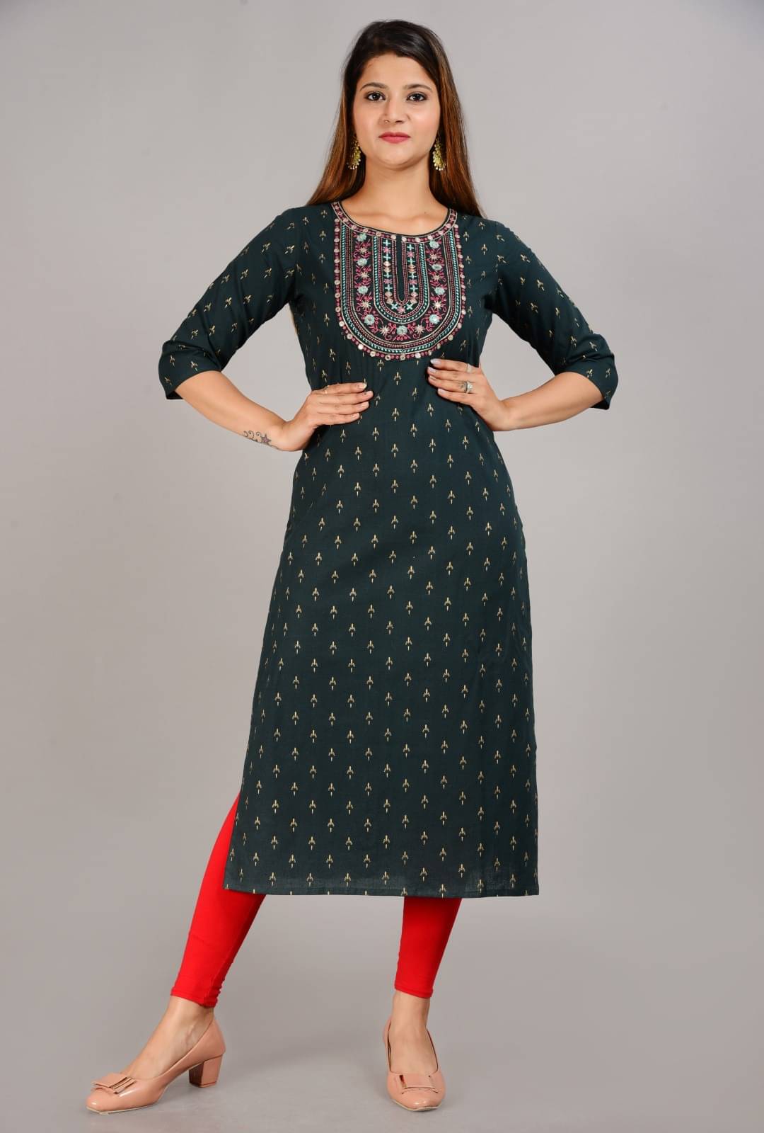 Metafab Women Cotton Embroidered Straight Kurti ( Green ) Metafab Women Cotton Embroidered Straight Kurti ( Green )