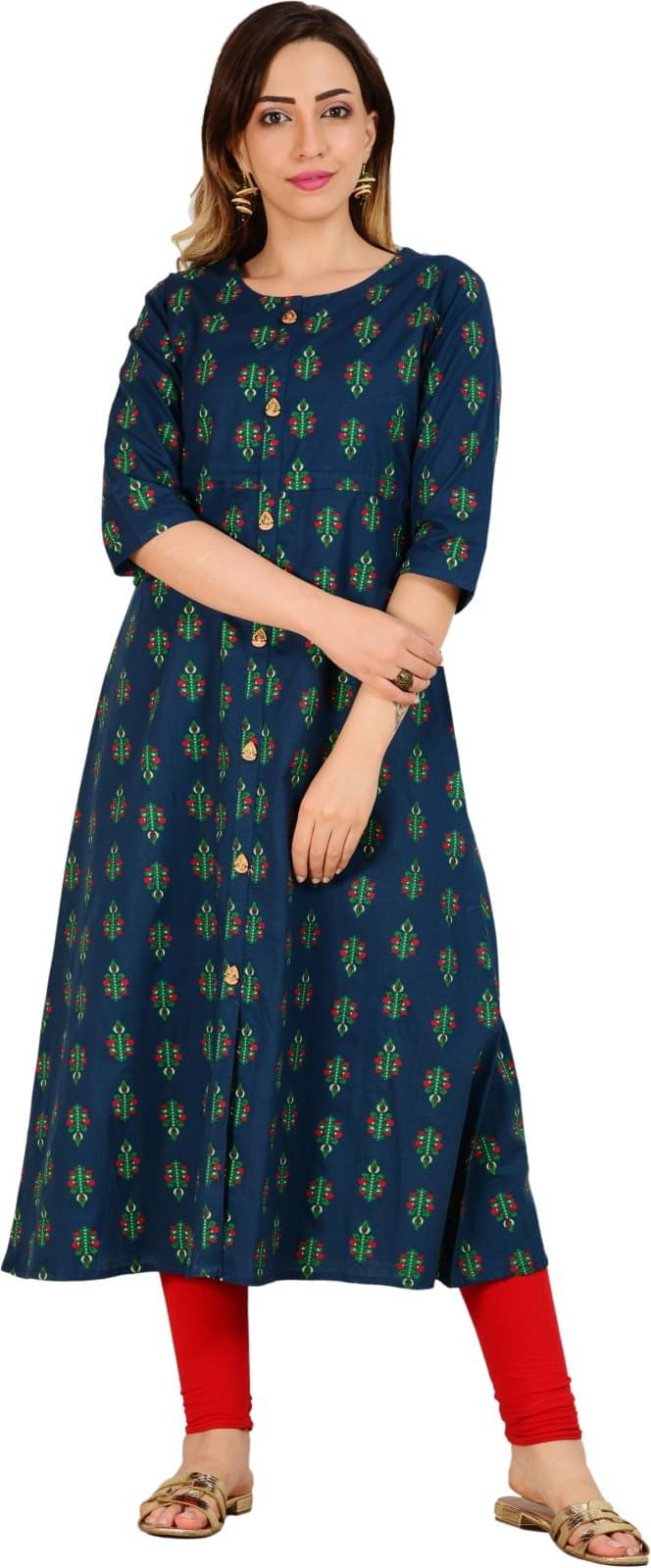 Metafab Women Cotton Printed Front Slit Kurti ( Blue ) Metafab Women Cotton Printed Front Slit Kurti ( Blue )