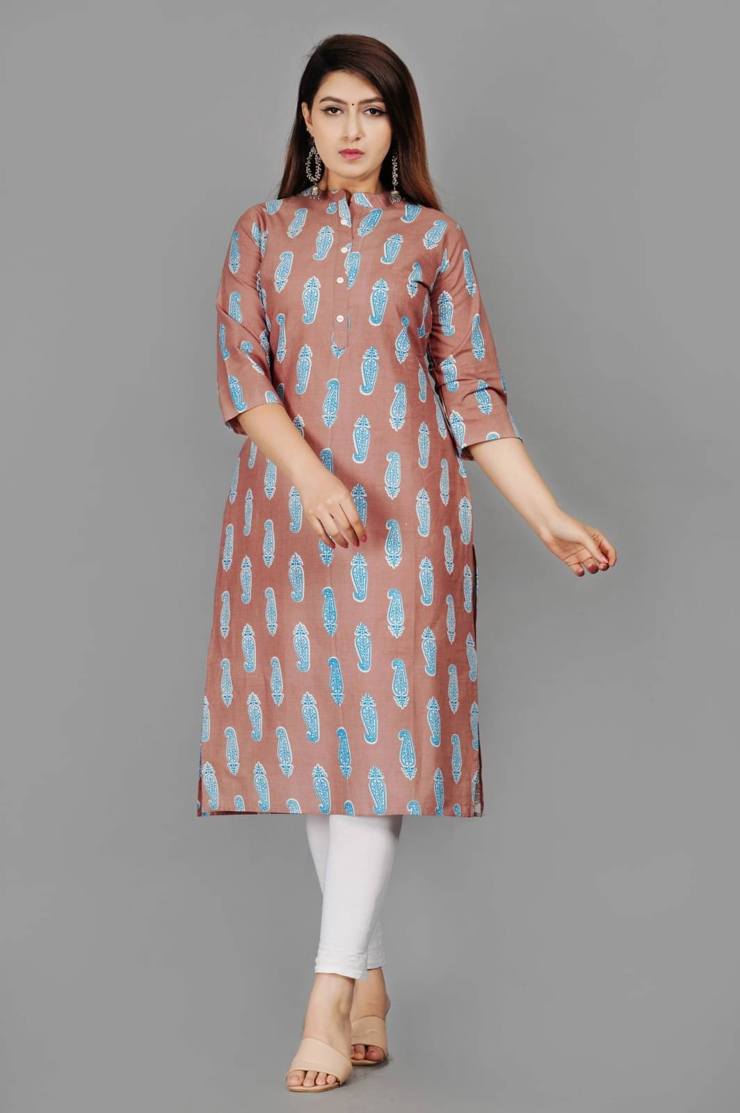 Metafab Women Cotton Printed Straight Kurti ( Brown ) Metafab Women Cotton Printed Straight Kurti ( Brown )