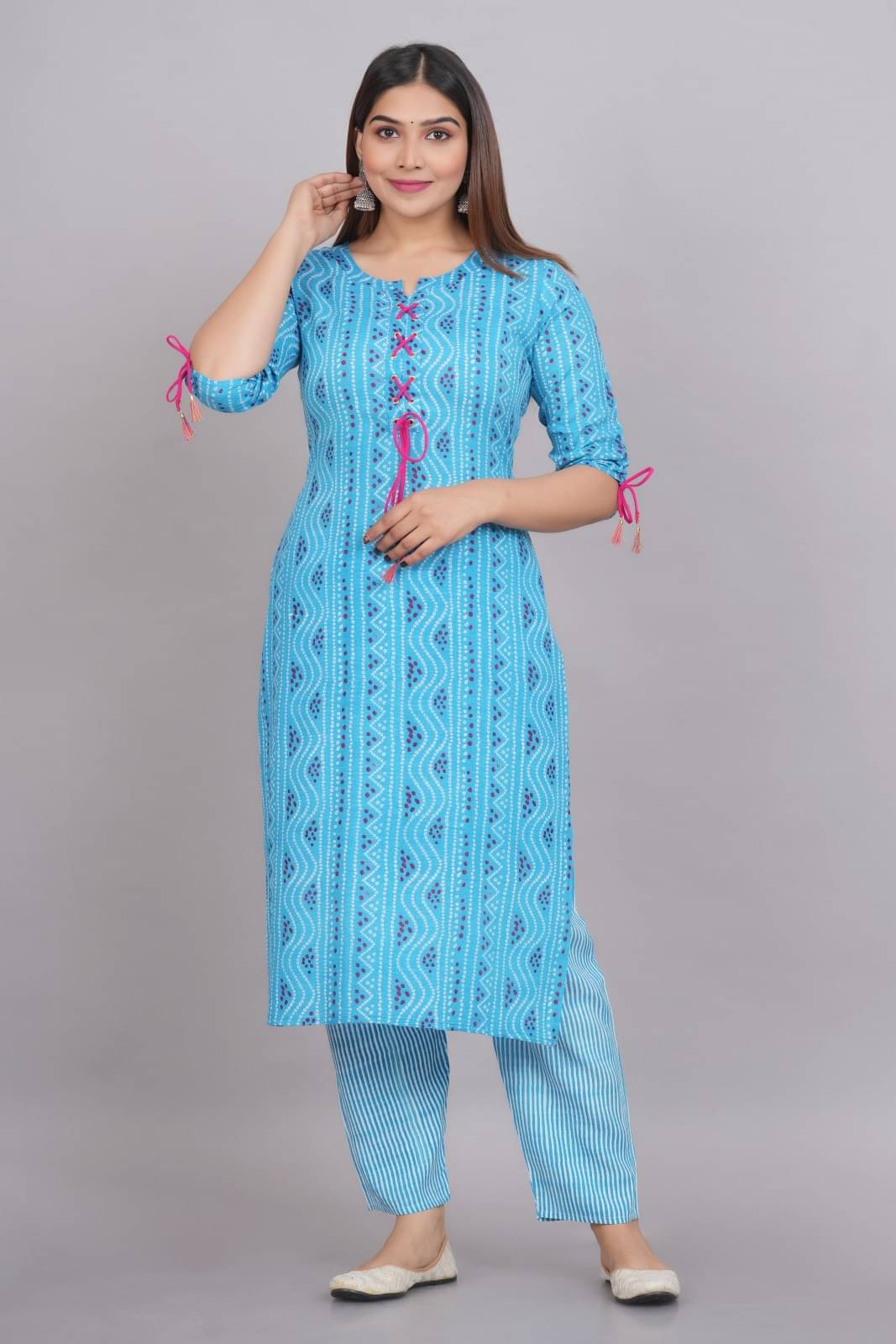     			Metafab Women Viscose Printed Straight Kurti With Pants ( Light Blue )