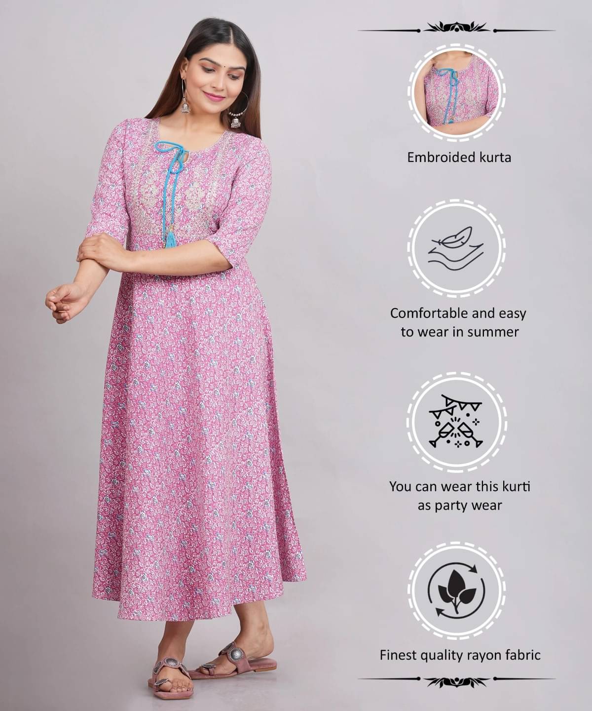 Metafab Women Viscose Rayon Embroidered Anarkali Kurti ( Pink )     			Metafab Women Viscose Rayon Embroidered Anarkali Kurti ( Pink )