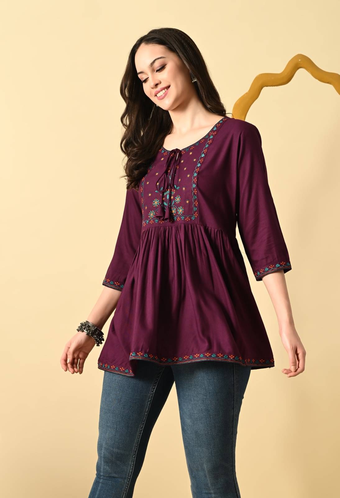     			Metafab Women Viscose Rayon Embroidered Flared Kurti ( Maroon )