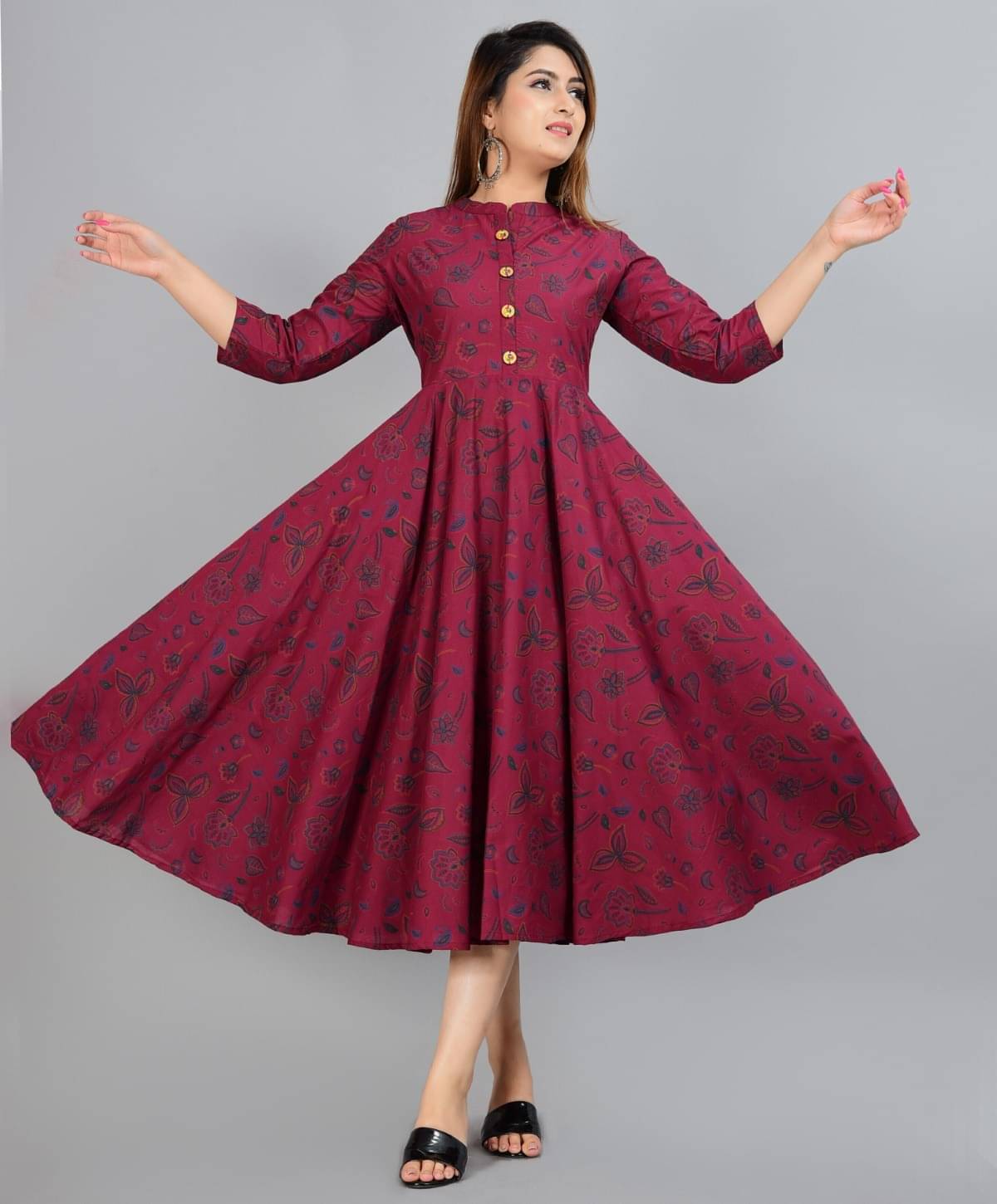     			Metafab Women Viscose Rayon Printed Flared Kurti ( Maroon )
