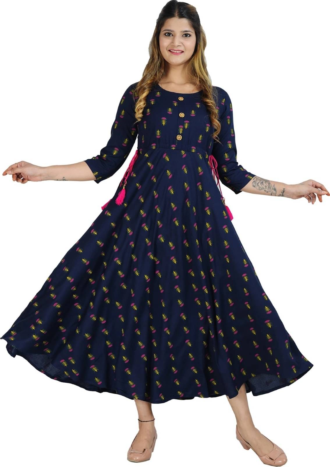 Metafab Women Viscose Rayon Printed Flared Kurti ( Blue ) Metafab Women Viscose Rayon Printed Flared Kurti ( Blue )