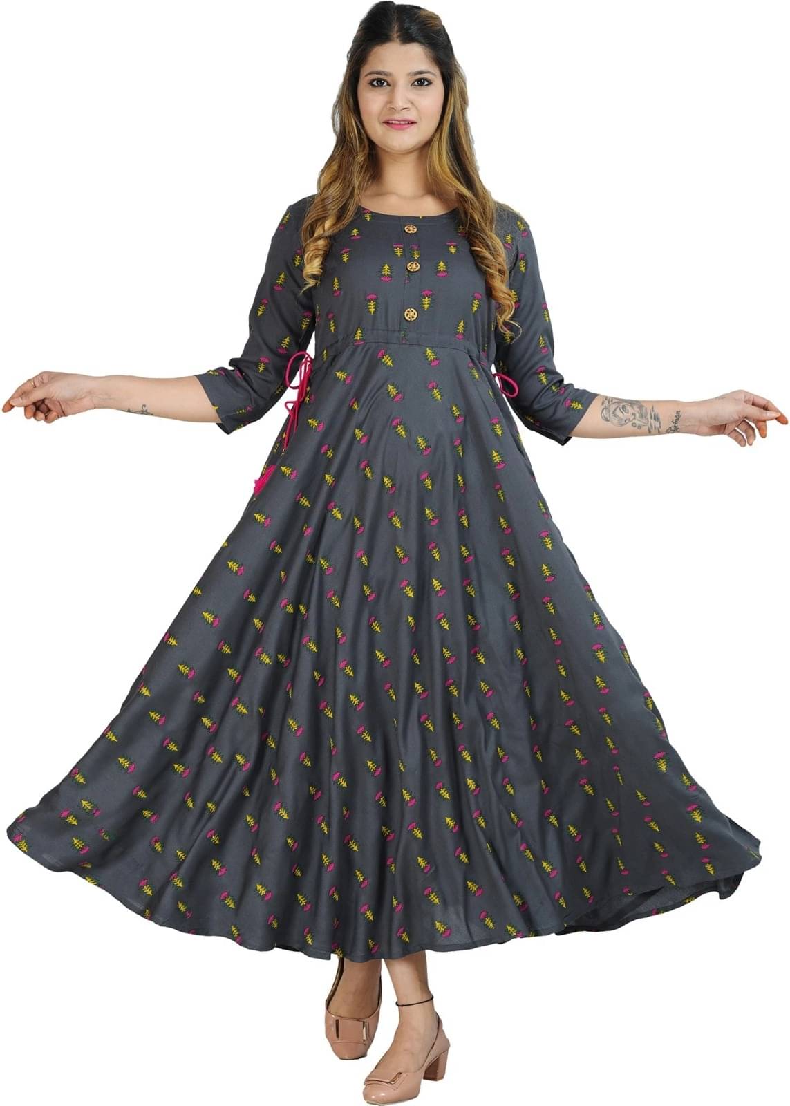     			Metafab Women Viscose Rayon Printed Flared Kurti ( Grey )
