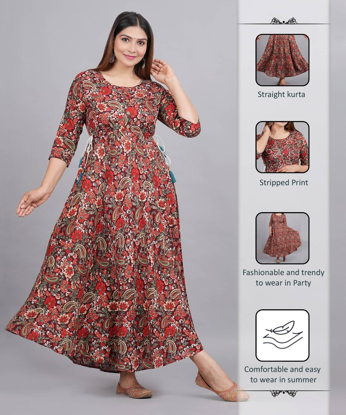 Metafab Women Viscose Rayon Printed Flared Kurti ( Maroon ) Metafab Women Viscose Rayon Printed Flared Kurti ( Maroon )