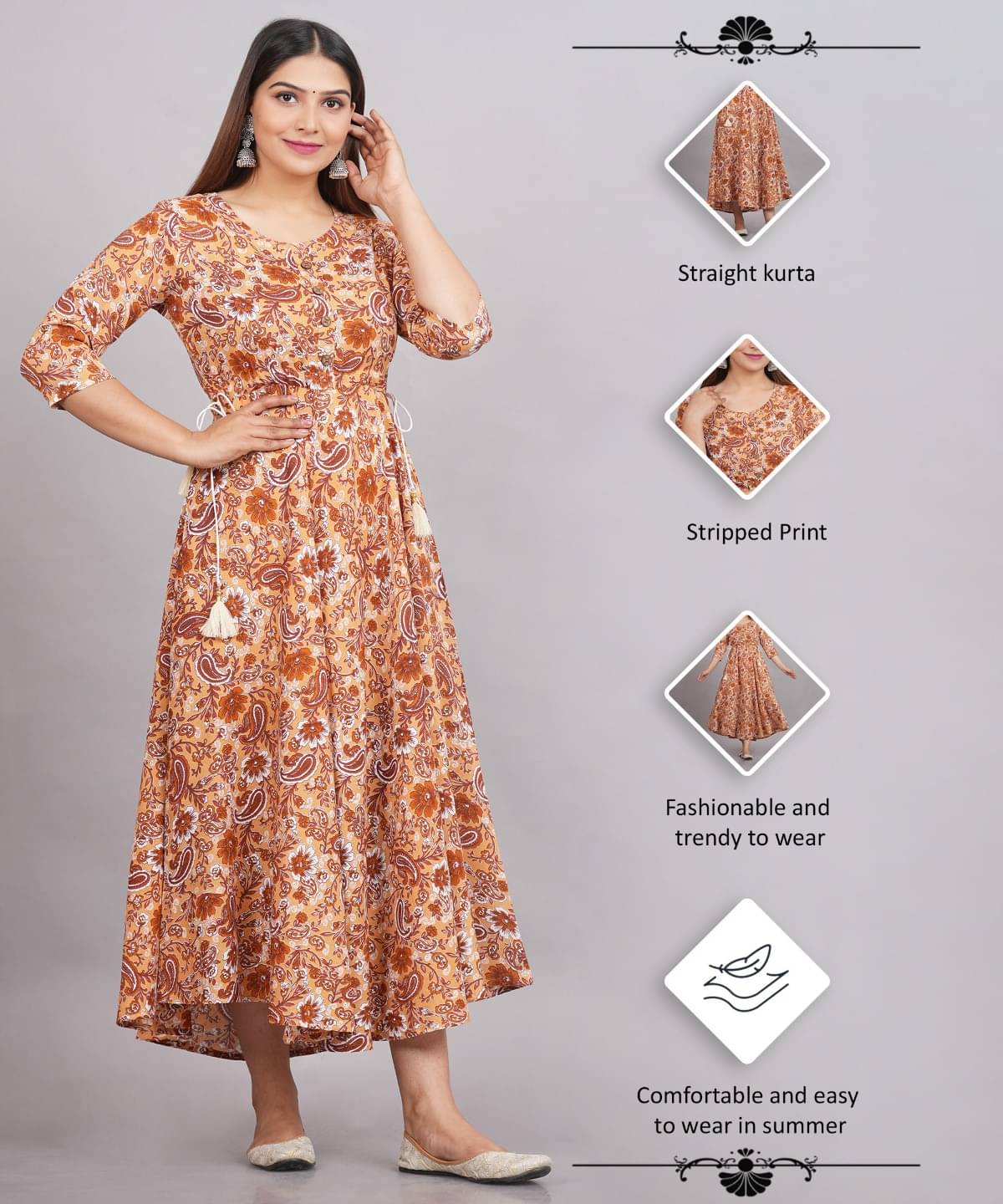     			Metafab Women Viscose Rayon Printed Flared Kurti ( Brown )
