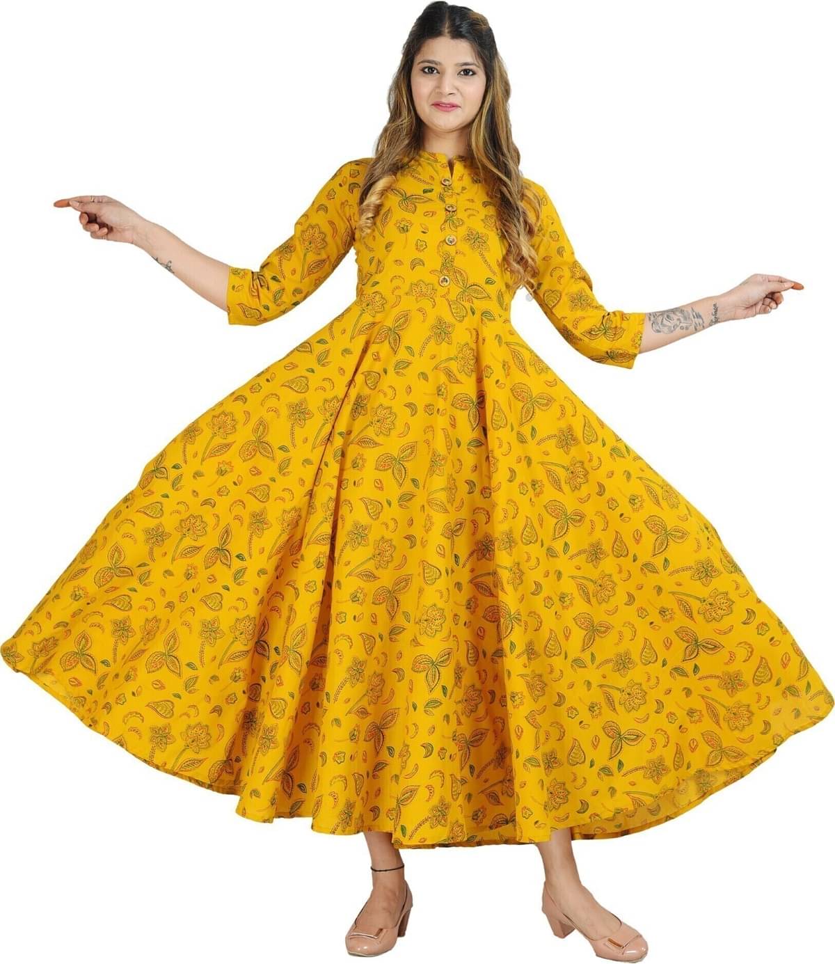     			Metafab Women Viscose Rayon Printed Flared Kurti ( Yellow )