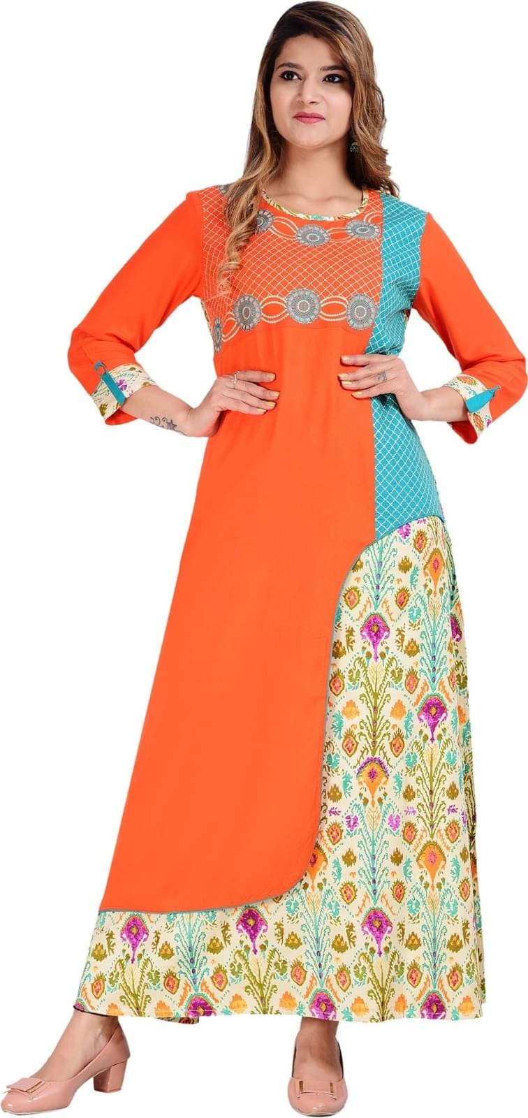 Metafab Women Viscose Rayon Printed A-line Kurti ( Multicolor ) Metafab Women Viscose Rayon Printed A-line Kurti ( Multicolor )