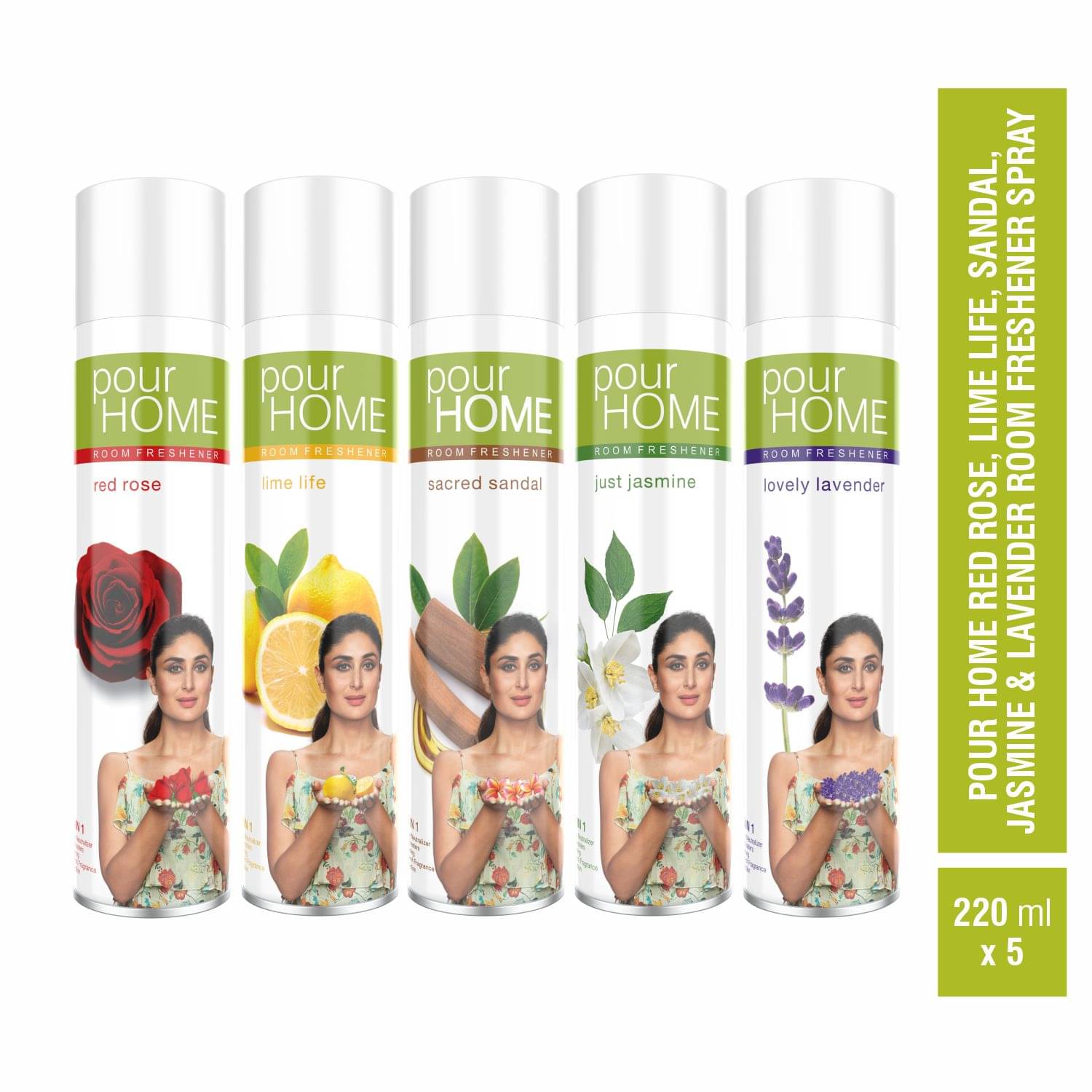     			POUR HOME Rose, Lime, Sandal, Jasmine, Sacred & Lavender Room Freshener Spray 220ml Each(Pack of 5)
