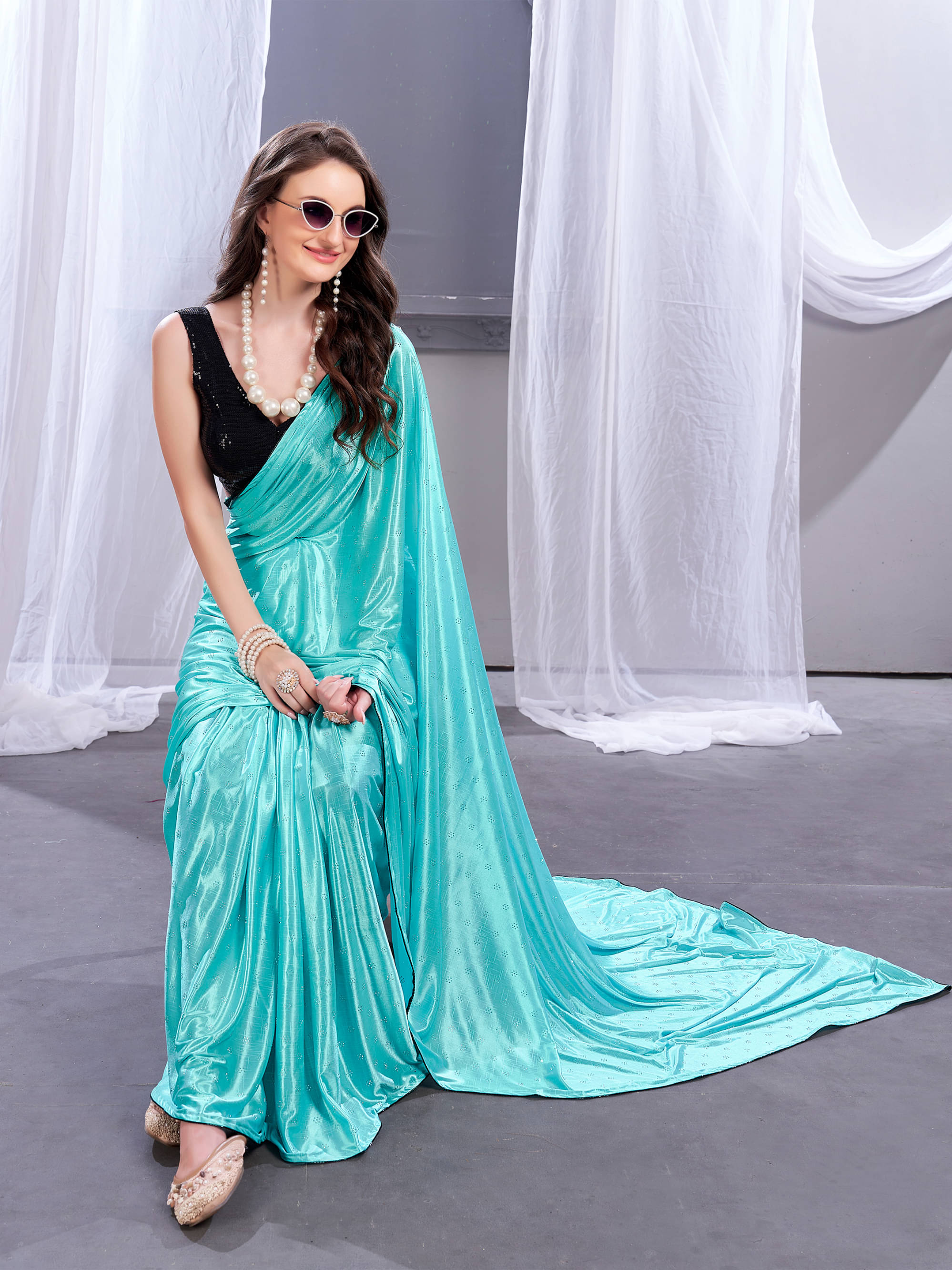 Parmila Fashion Silk Blend Embellished Saree With Unstitched Blouse Piece ( Aqua Blue ) Parmila Fashion Silk Blend Embellished Saree With Unstitched Blouse Piece ( Aqua Blue )