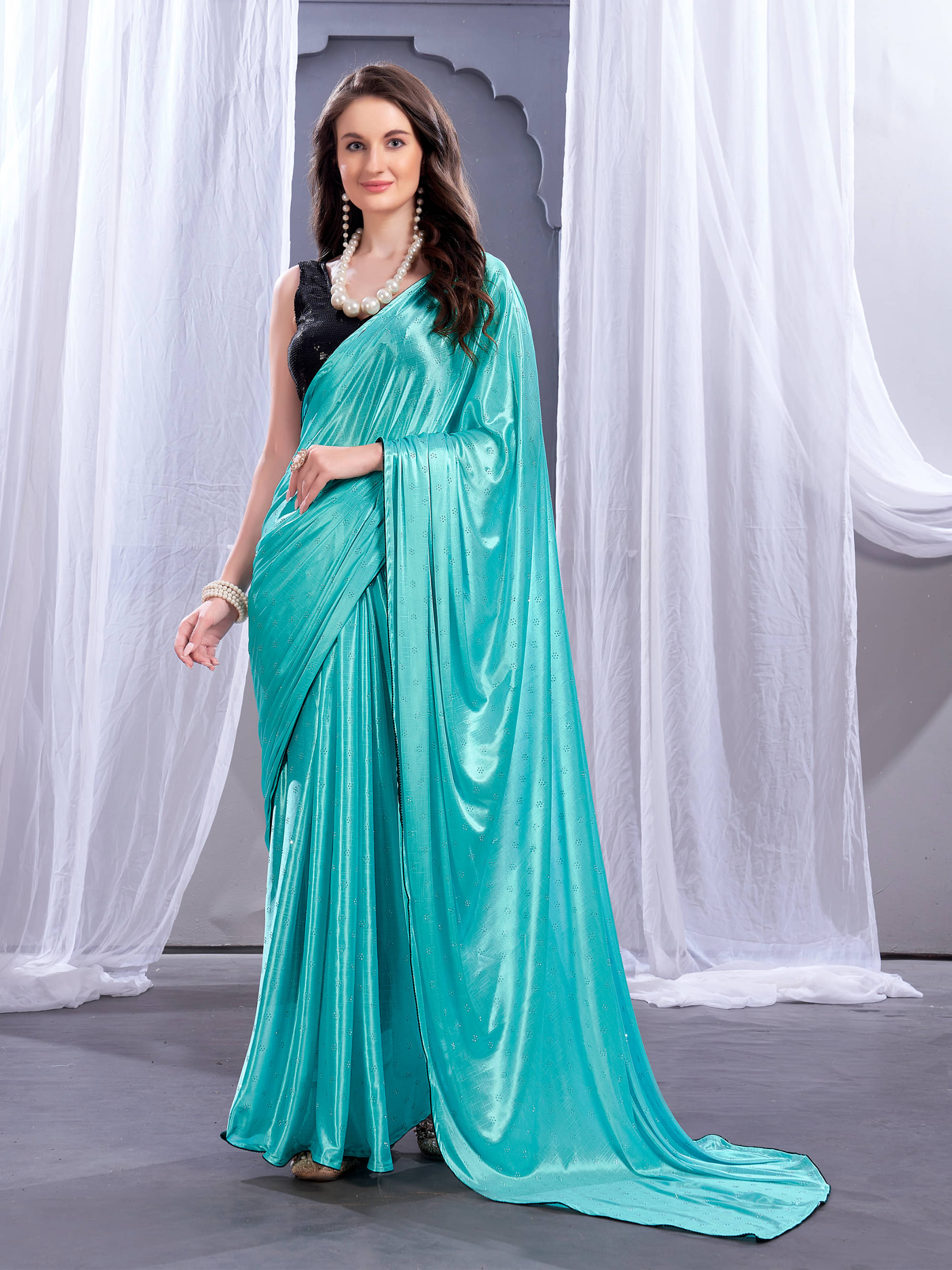 Parmila Fashion Silk Blend Embellished Saree With Unstitched Blouse Piece ( Aqua Blue ) Parmila Fashion Silk Blend Embellished Saree With Unstitched Blouse Piece ( Aqua Blue )