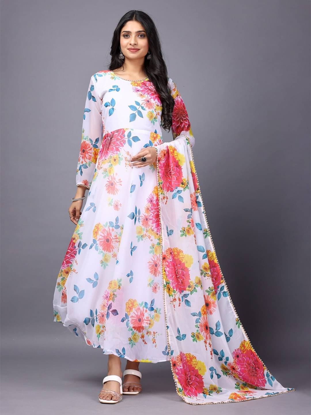     			Raiyani enterprise Women Cotton Blend Anarkali Stitched Ethnic Gown ( White )